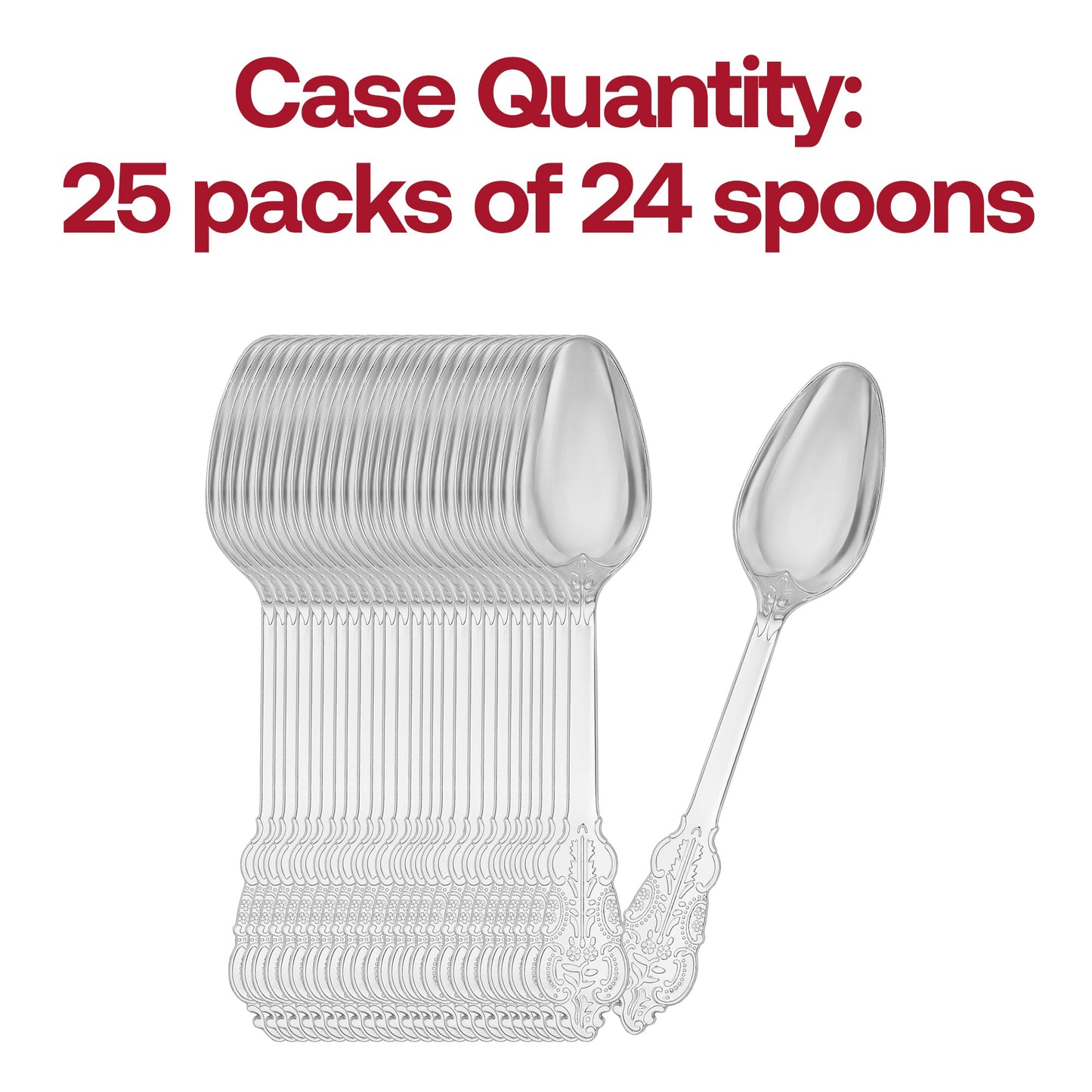 Bulk pack of 600 silver baroque plastic spoons, 7.3 inches – High-quality disposable cutlery with a classic baroque-inspired handle design.