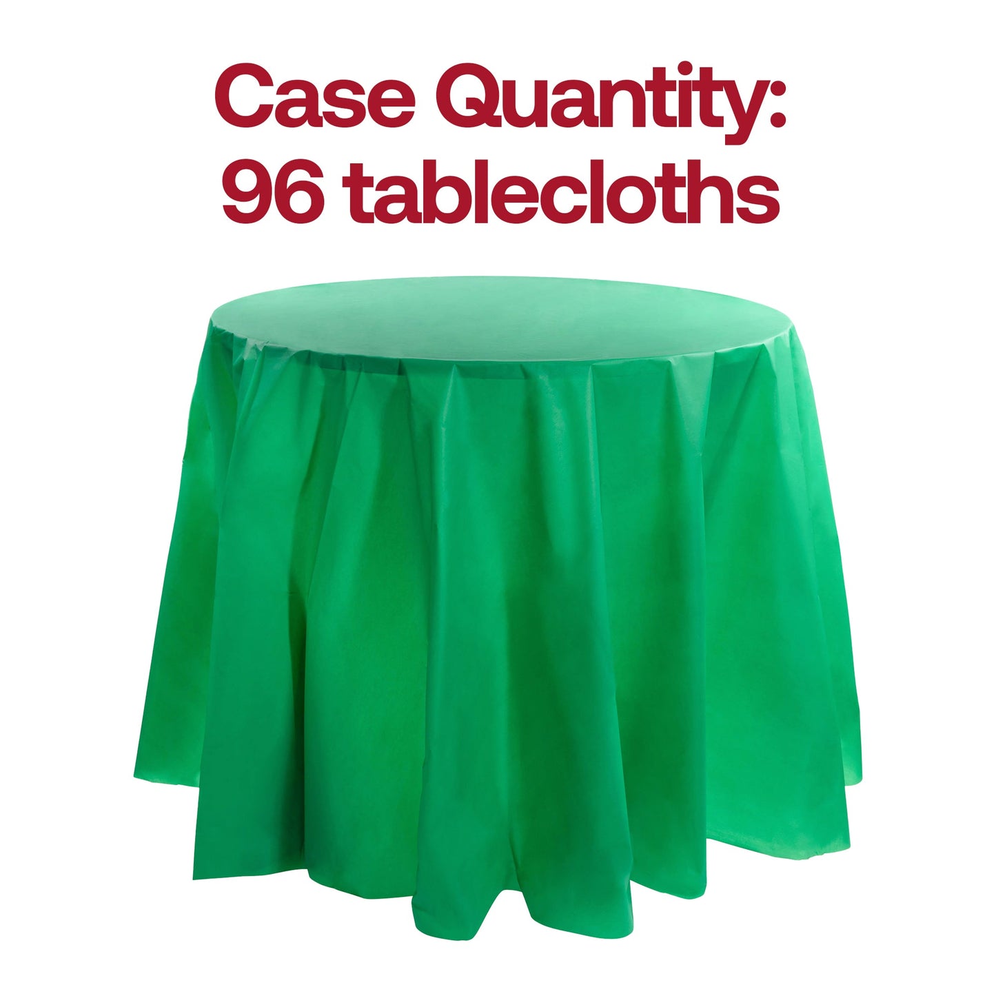 Bulk pack of 96 hunter green round disposable plastic tablecloths, 84-inch size, perfect for large-scale event settings.