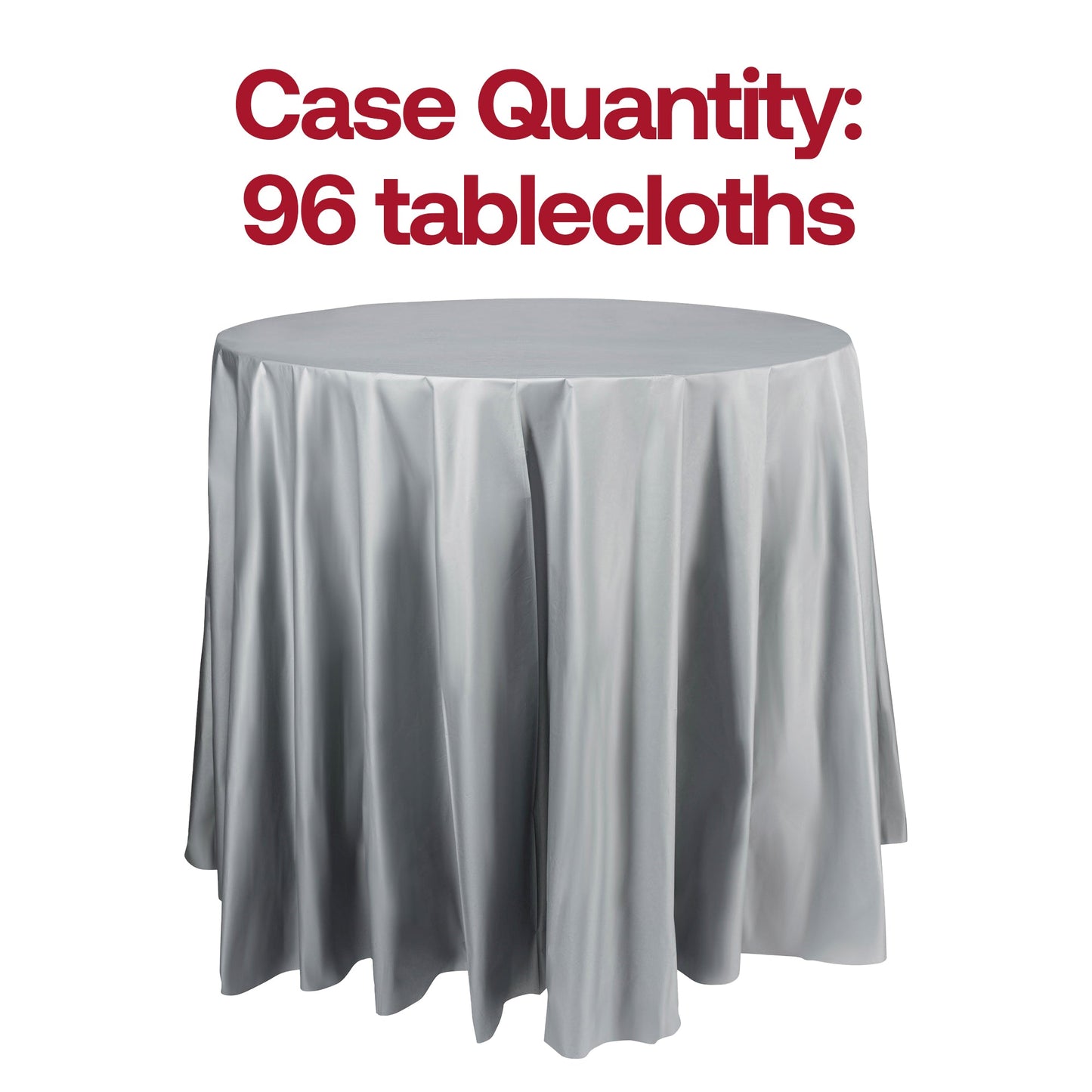 Bulk pack of 96 silver round plastic tablecloths, 84-inch disposable design, ideal for large-scale parties or catering.