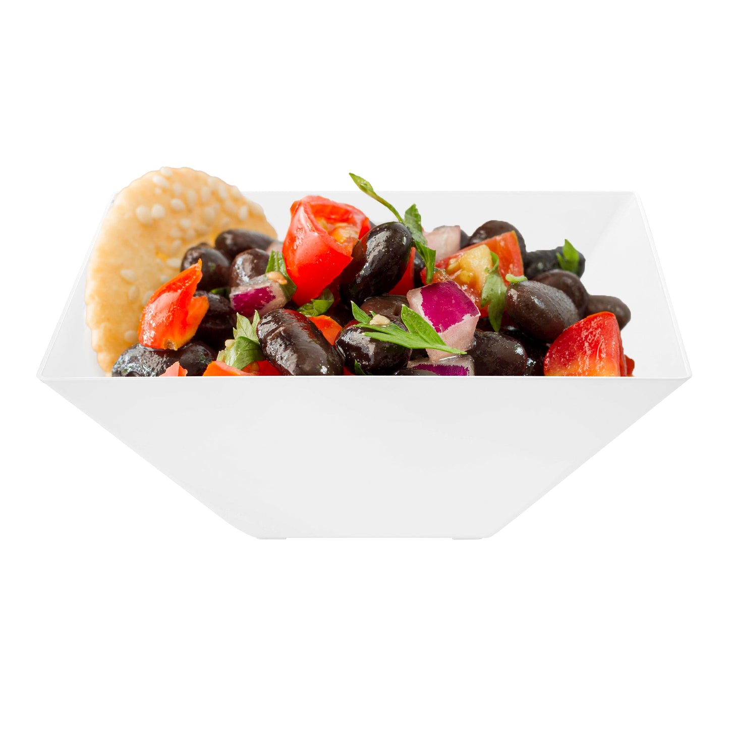 Bulk set includes 8 packs of 3 white square plastic serving bowls, totaling 24 bowls, perfect for catering and large events