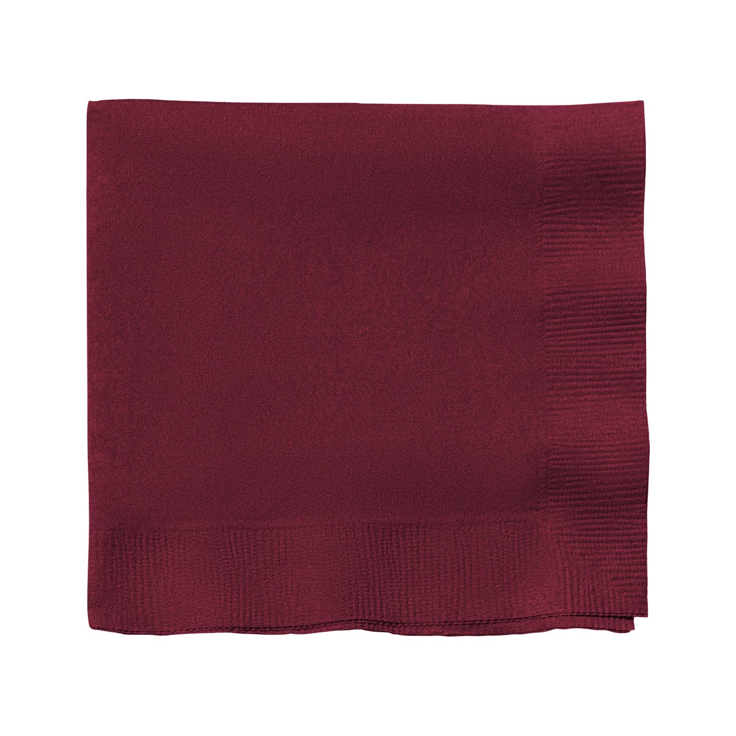 Burgundy red paper cocktail napkins, 10" x 10", soft, absorbent, and stylish, ideal for serving drinks and appetizers.