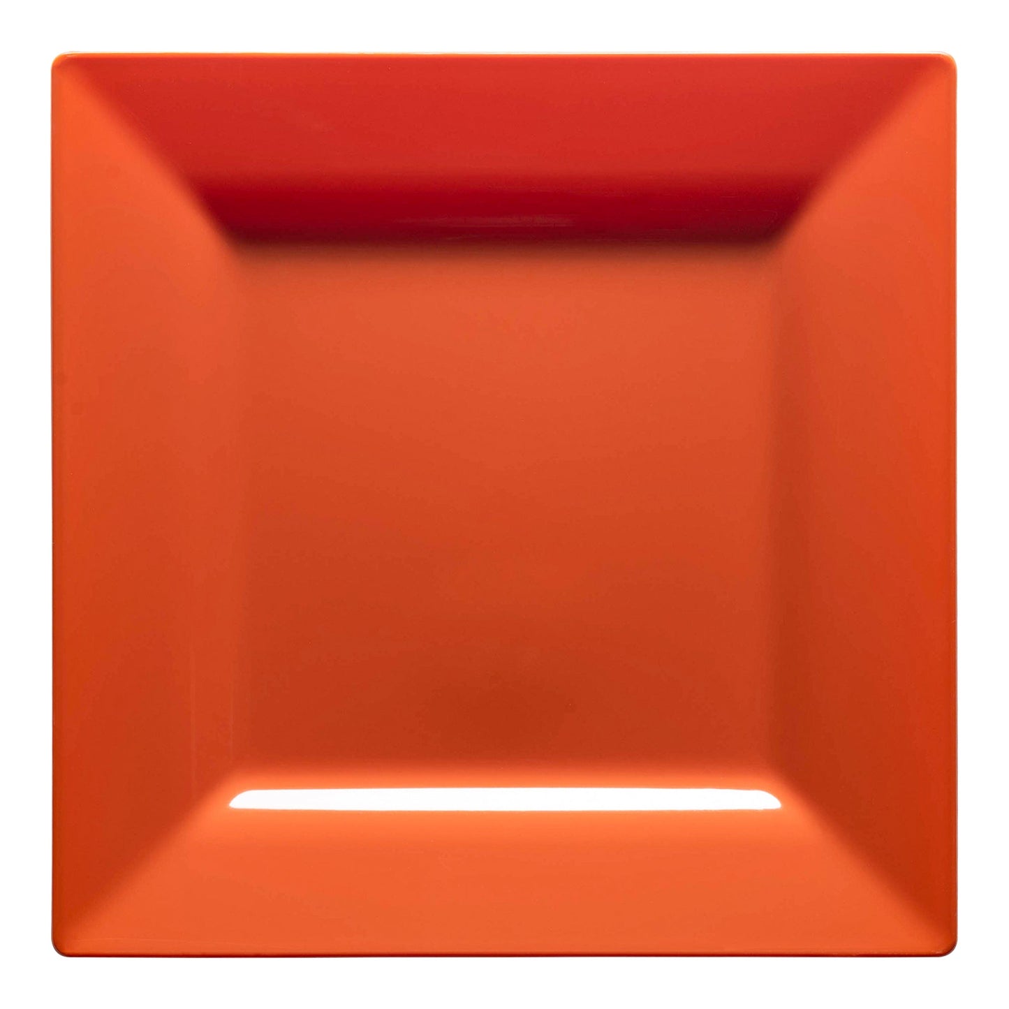 Burnt orange disposable plastic dinner plates with a modern square design, 9.5 inches