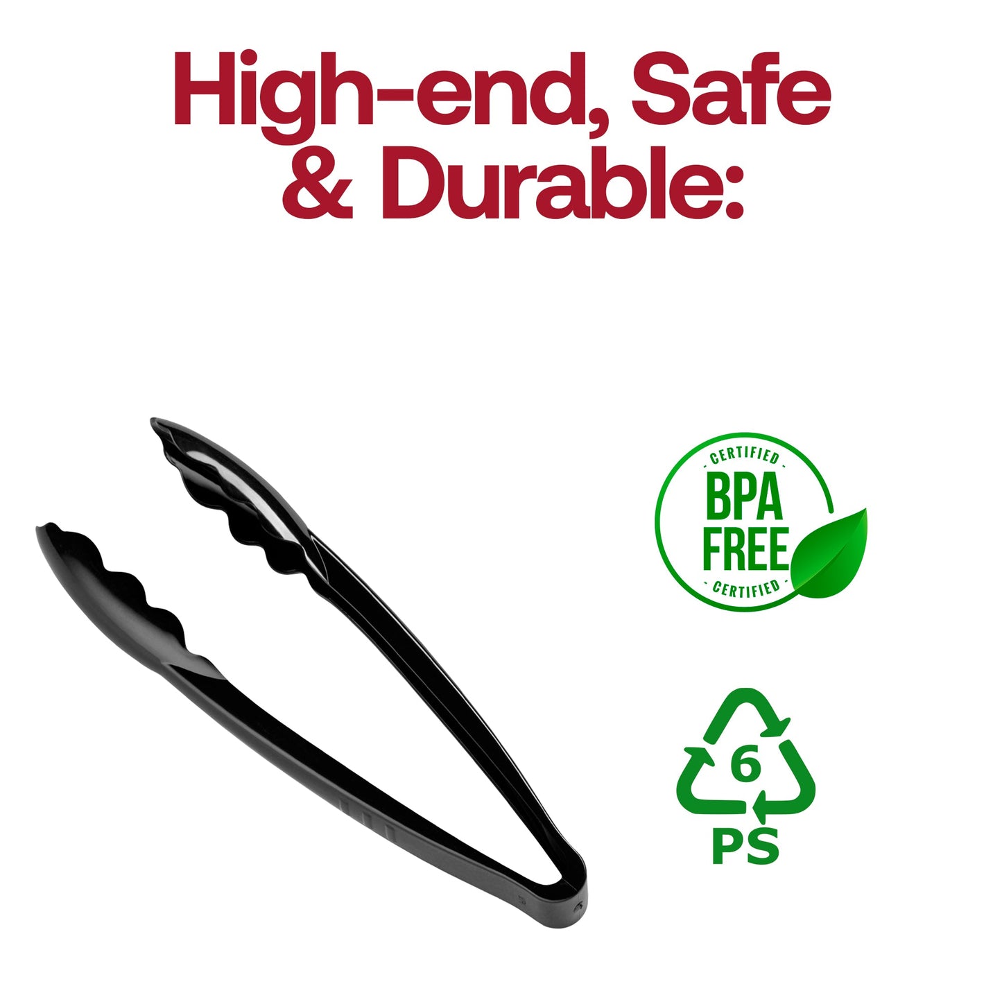 Case includes 48 black disposable plastic serving tongs, ideal for large events, catering, and parties
