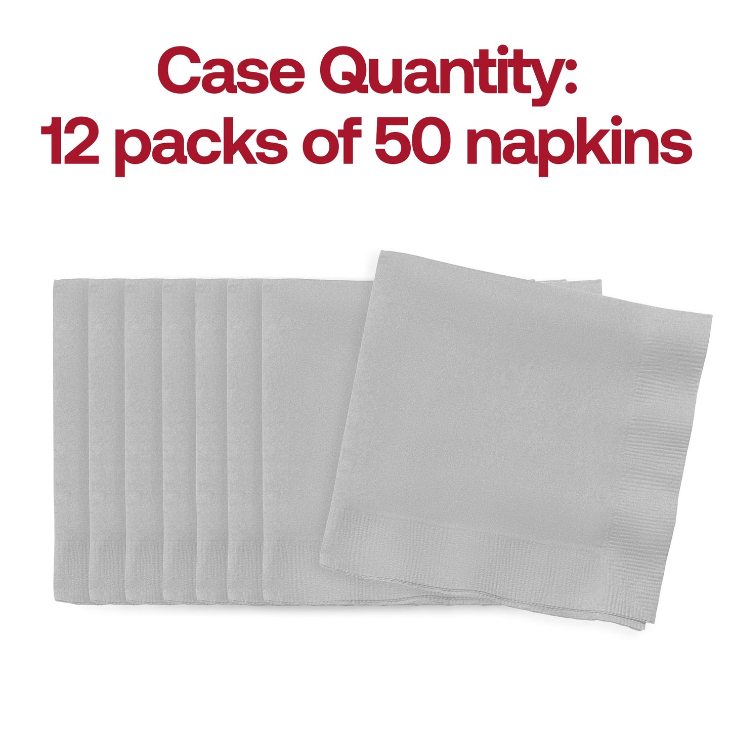 Case of 600 shimmering silver paper beverage napkins, 10" x 10", designed for large gatherings, banquets, and elegant celebrations.