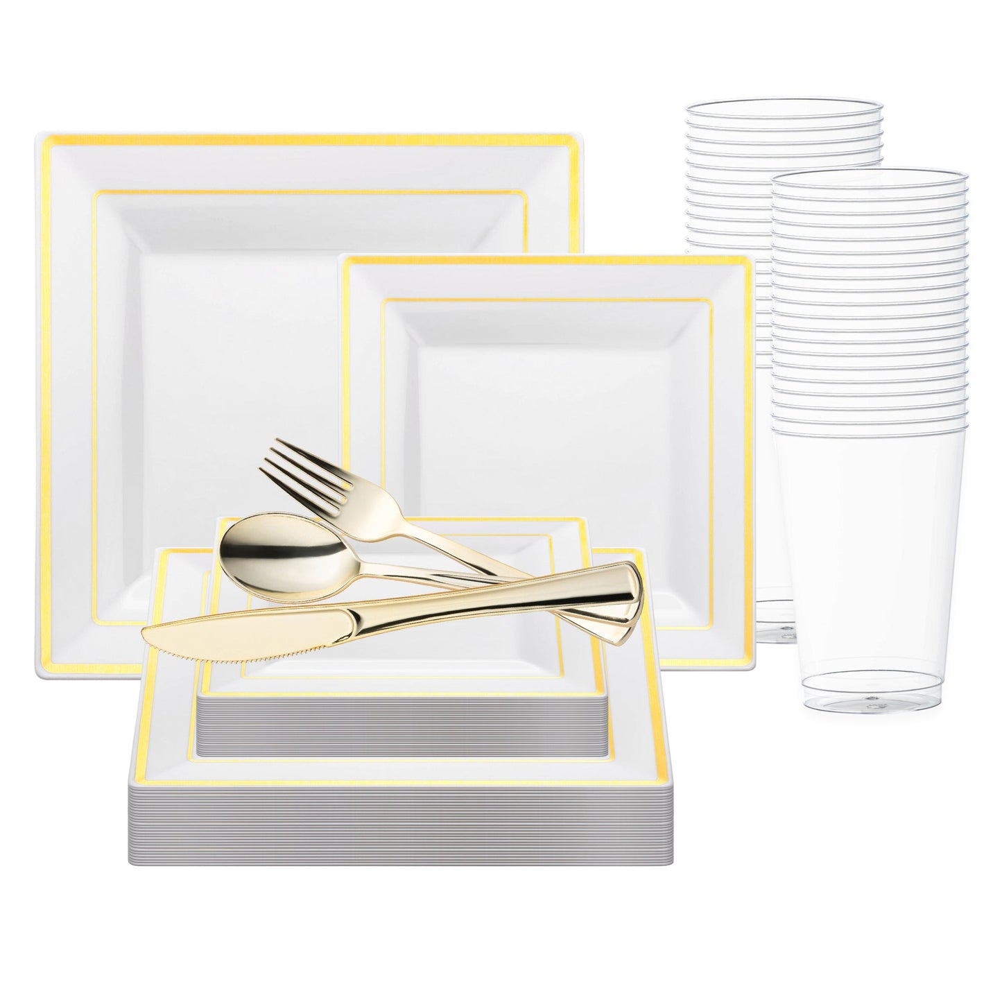Celebrate in style with the White with Gold Square Edge Rim Plastic Wedding Value Set, featuring elegant gold cutlery