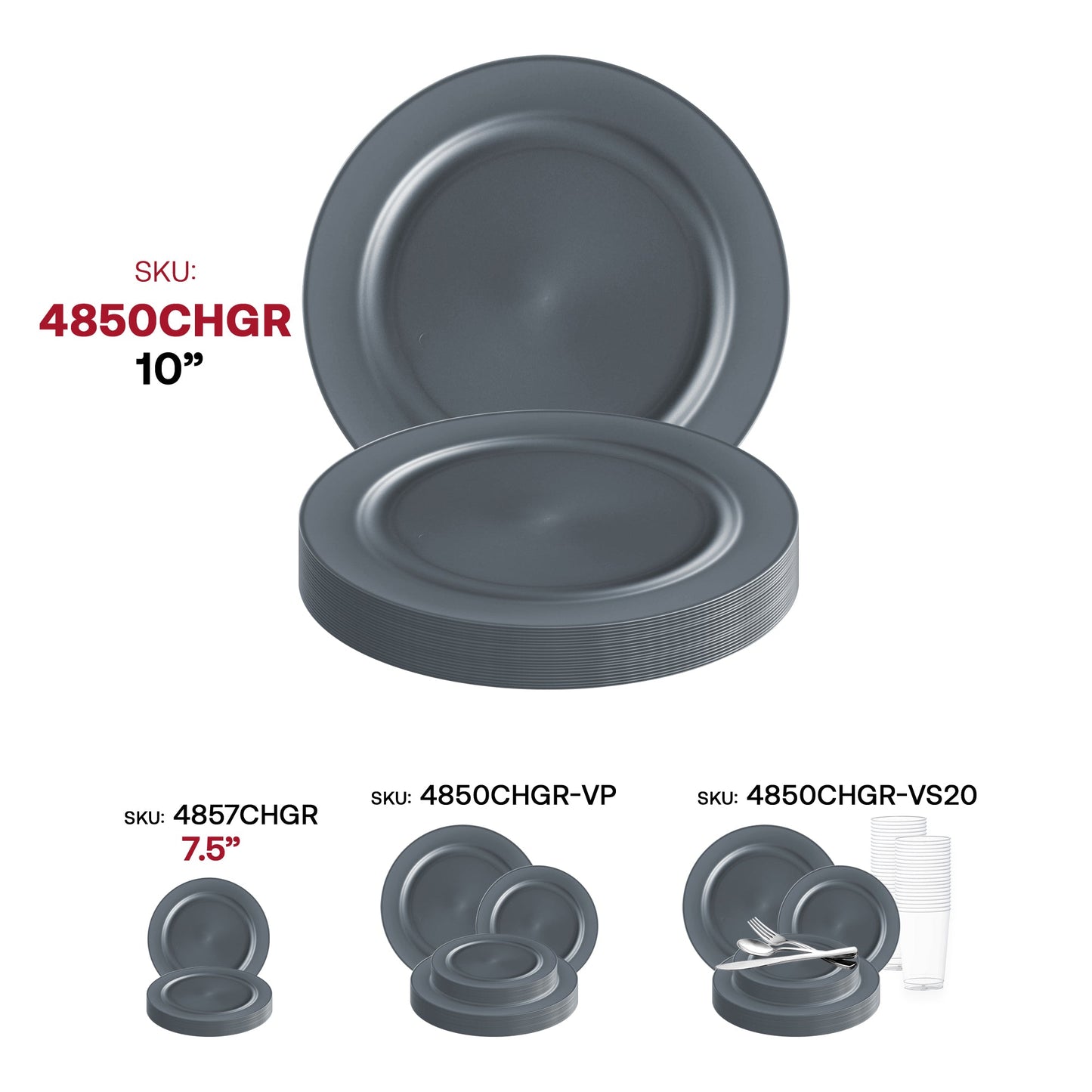 Charcoal gray plastic dinner plates, 10-inch round with a matte finish