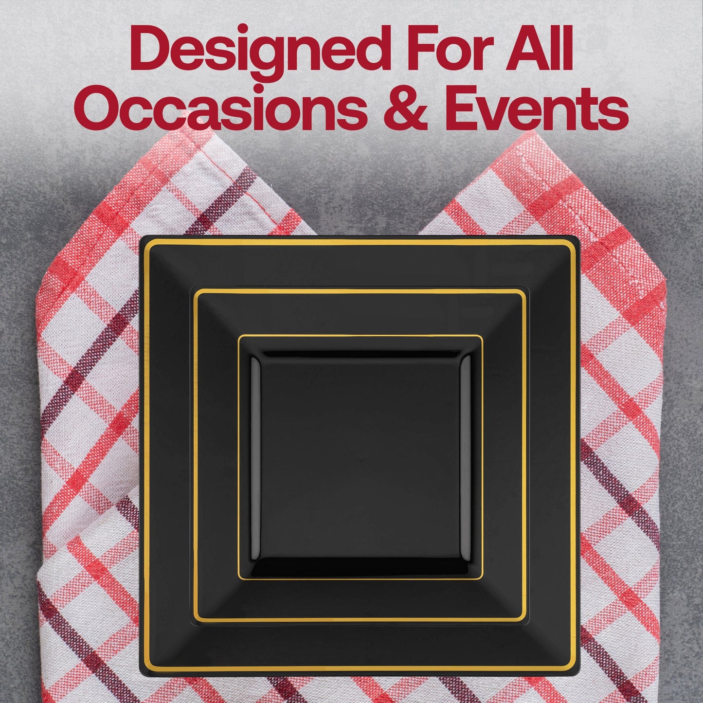Chic 6.5-inch black plates with gold square edge rim, made of durable disposable plastic, pack of 120 for gatherings