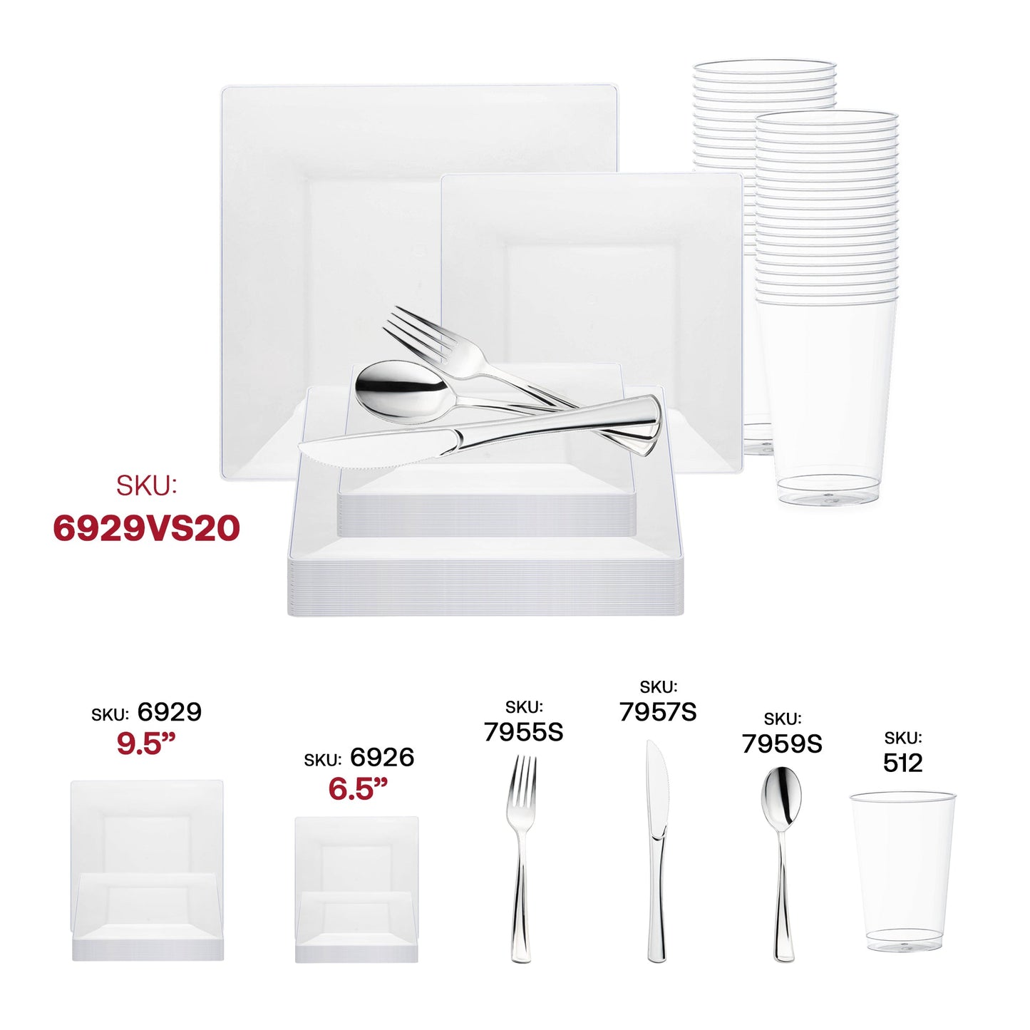 Chic and minimalist party setup using the Clear Square Plastic Wedding Value Set, ideal for upscale dinner parties