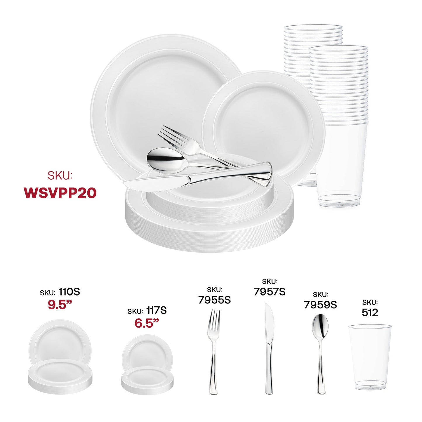 Chic celebration setup showcasing the White with Silver Edge Rim Plastic Wedding Value Set and silver flatware