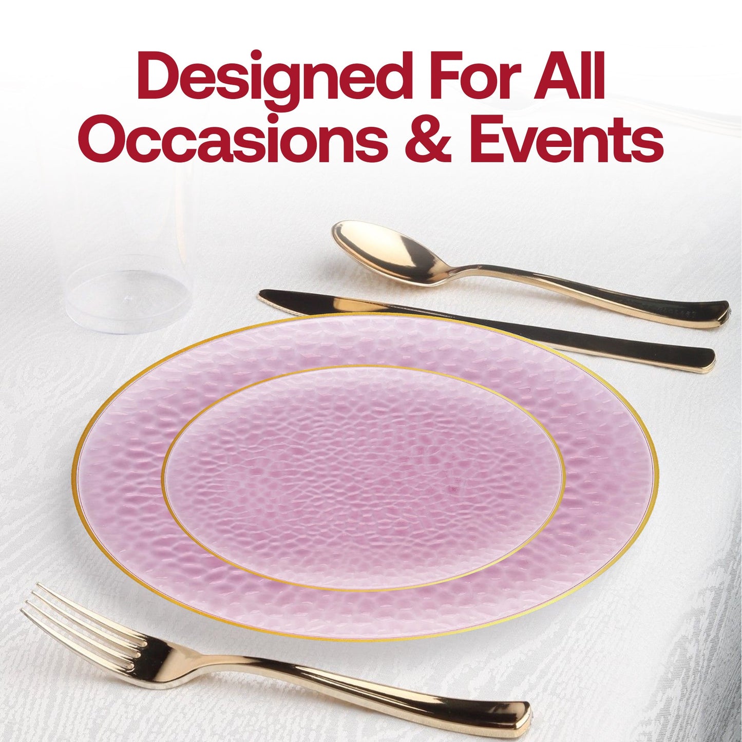 Chic disposable dinner plates with a clear pink finish and a gold hammered glass-inspired rim, 10.25 inches, pack of 120