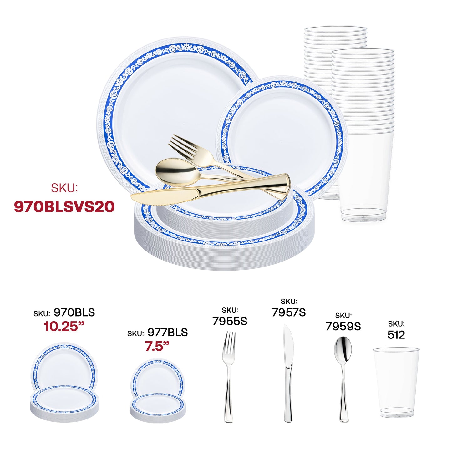 Chic party atmosphere created with the White with Blue and Silver Royal Rim Plastic Wedding Set for classy gatherings