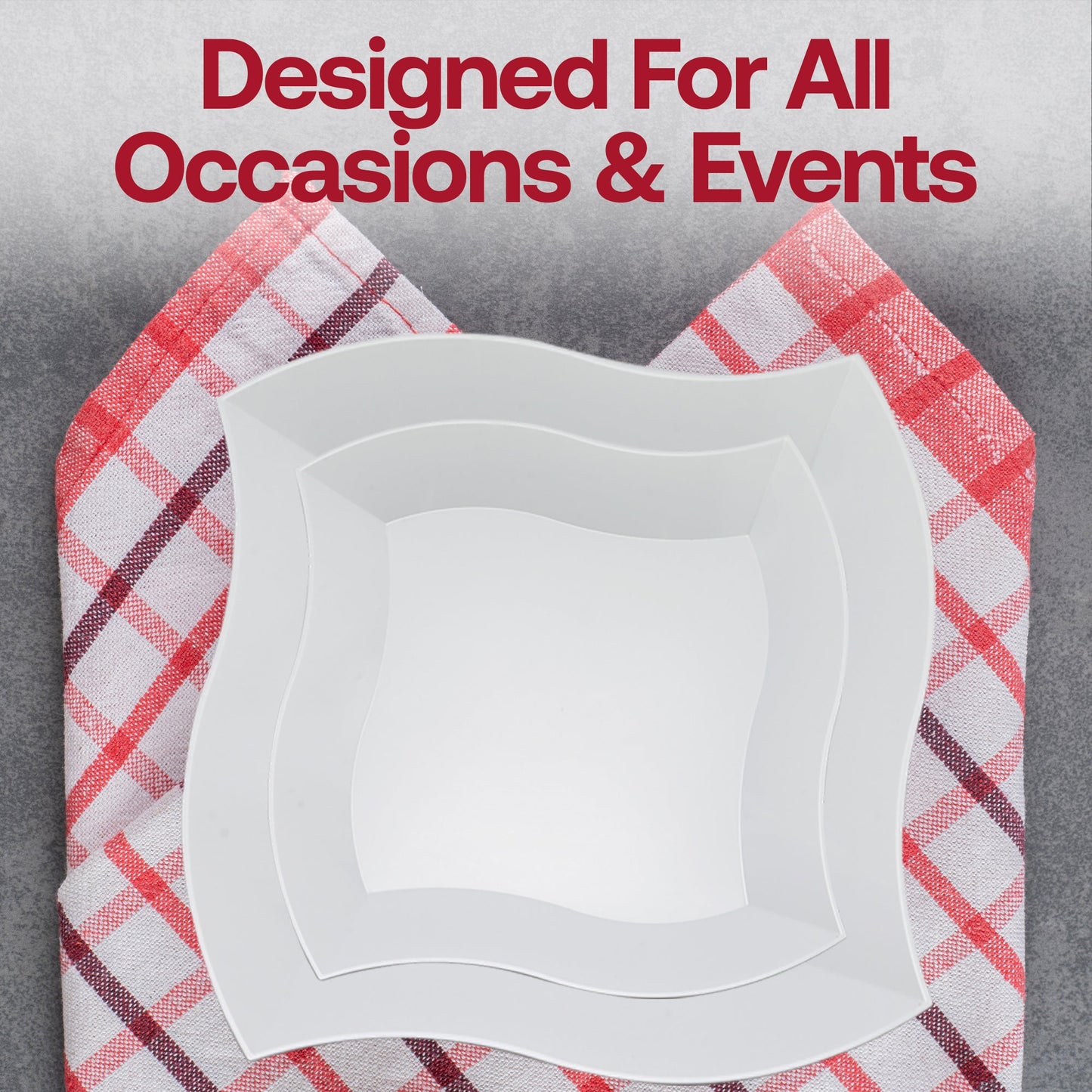 Chic reception layout designed with the White Wave Plastic Wedding Value Set, combining style, shine, and elegance