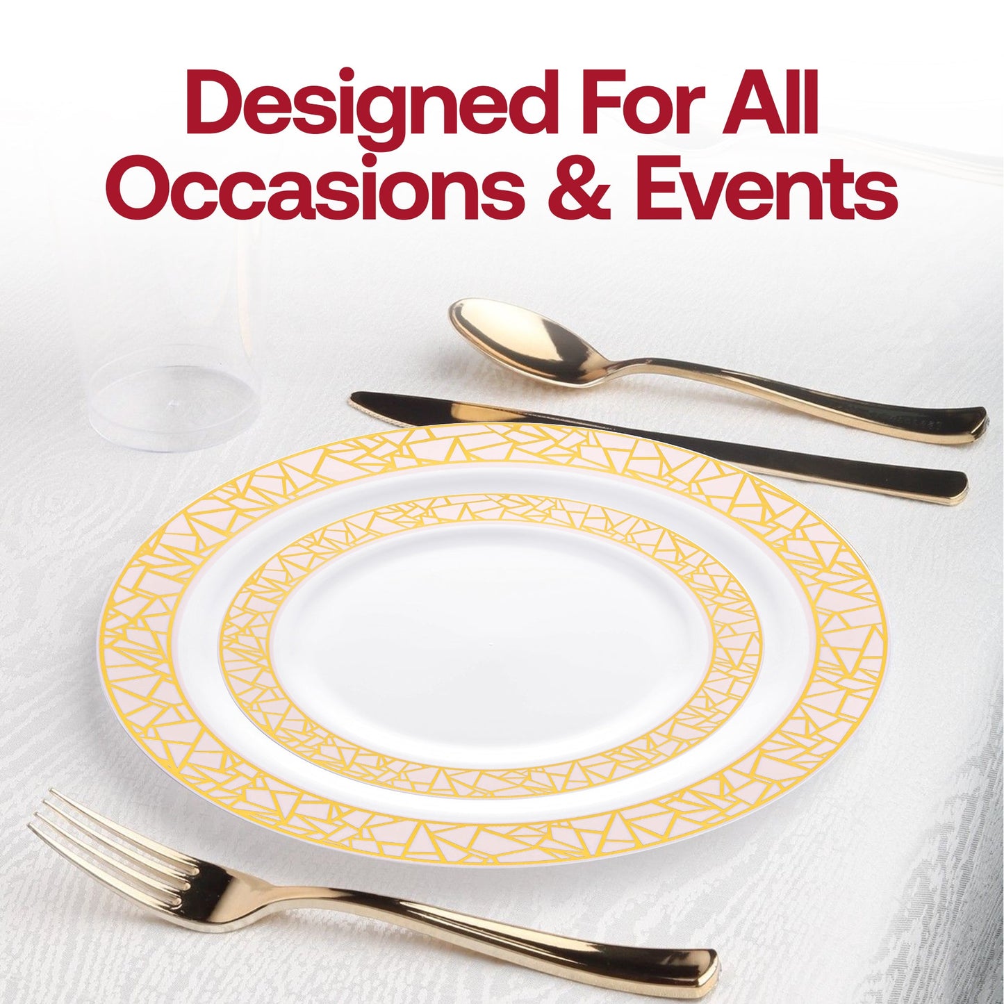 Chic white plastic dinner plate adorned with a pink and gold mosaic rim, round shape, 10.25 inches, disposable, pack of 120