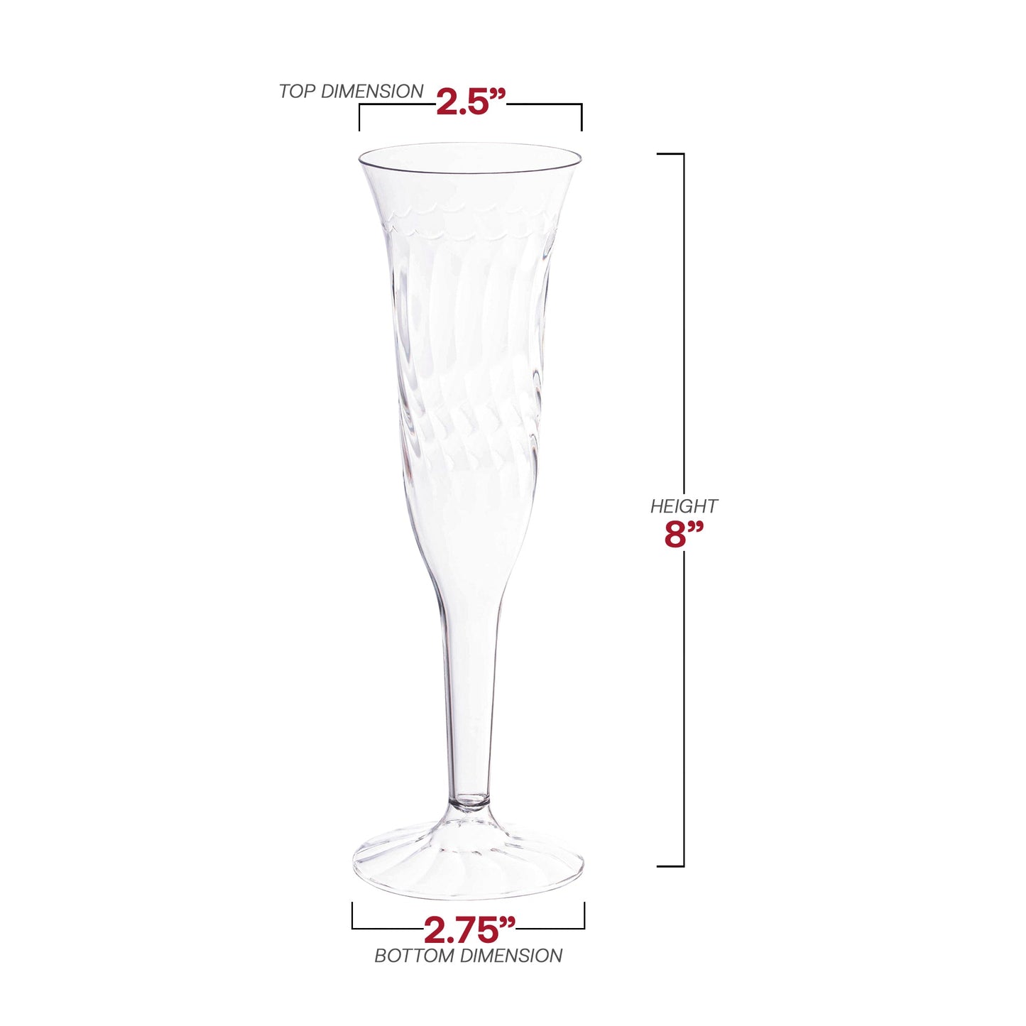 Classic 2.5x8" clear plastic champagne flutes, 5 oz. capacity, featuring a timeless flute shape for elegant drink presentations.