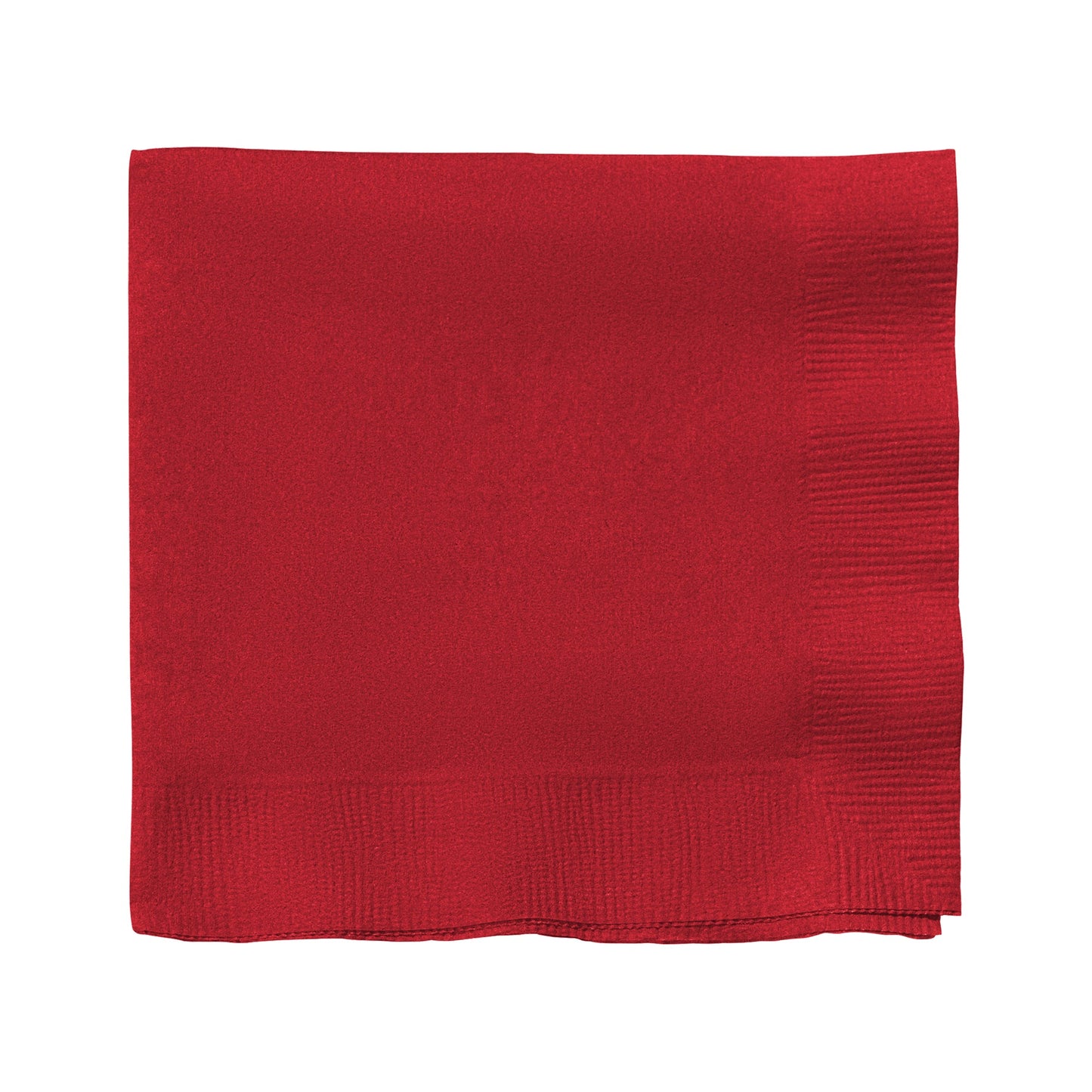 Classic red paper cocktail napkin unfolded to 10 x 10 inches, part of a 600-count bulk pack for parties or events.