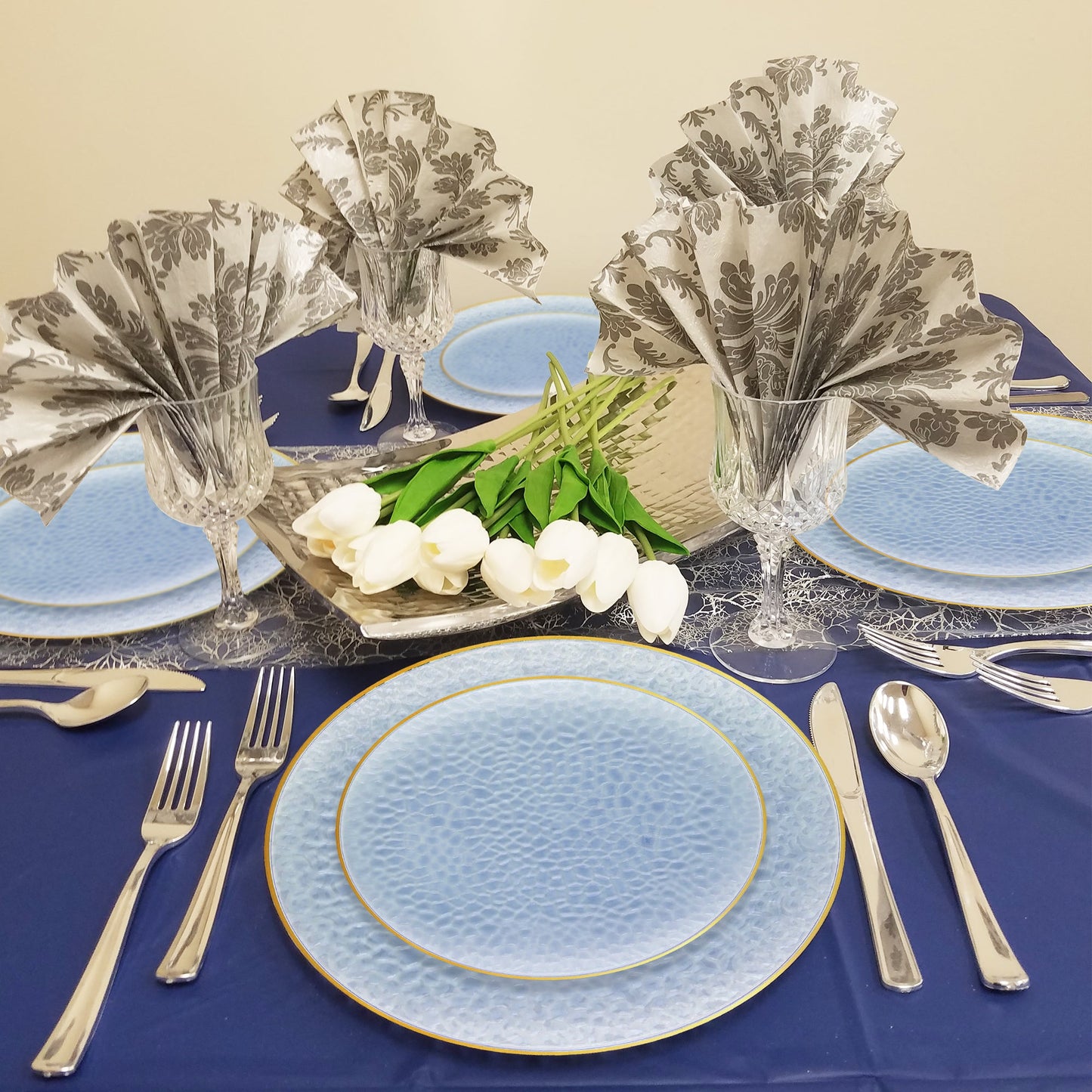Clear Blue Dinnerware Set provides ideal plate sizes and quantities for effortless yet elegant event serving