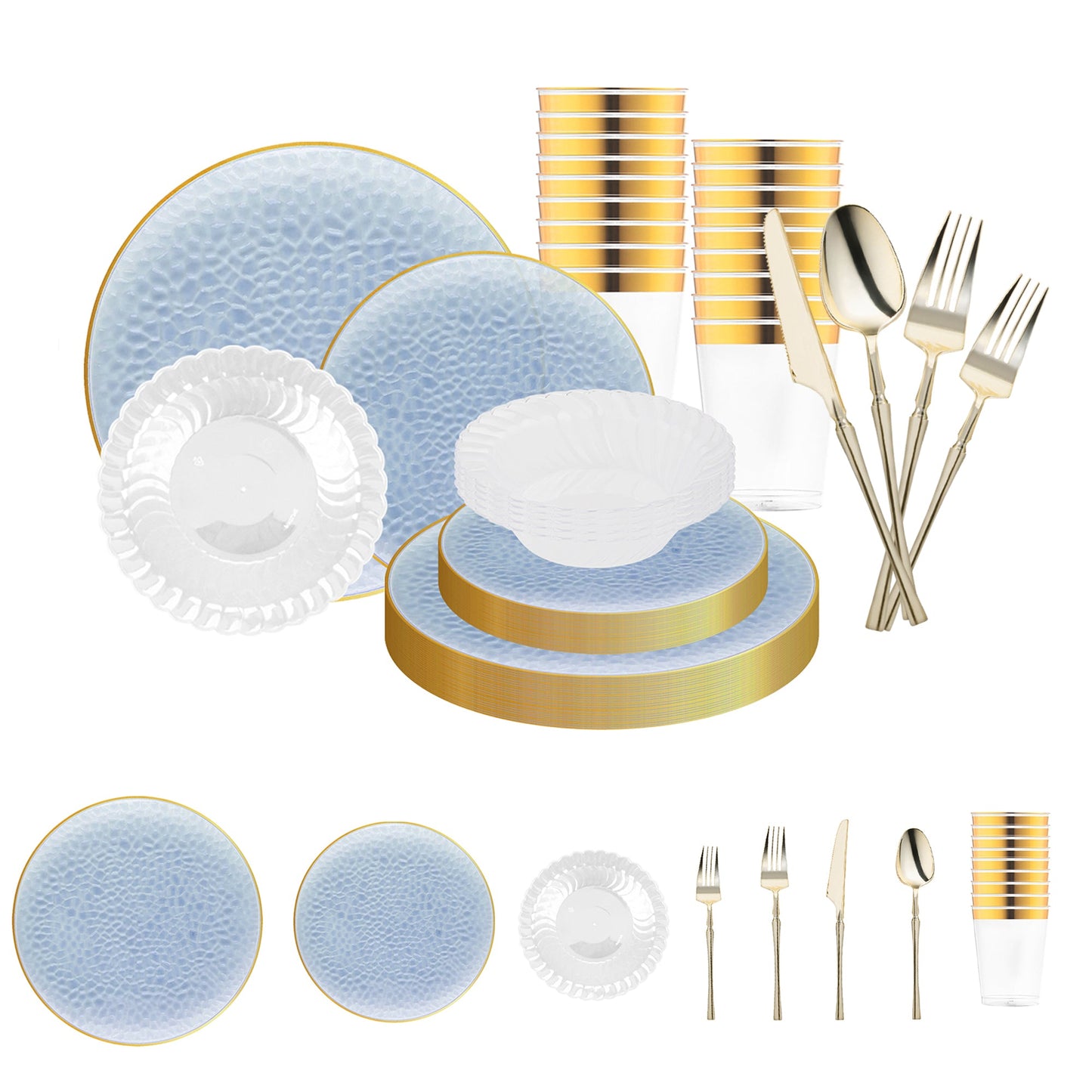 Clear Blue with Gold Rim Hammered Glass Disposable Set displayed elegantly for weddings or upscale events