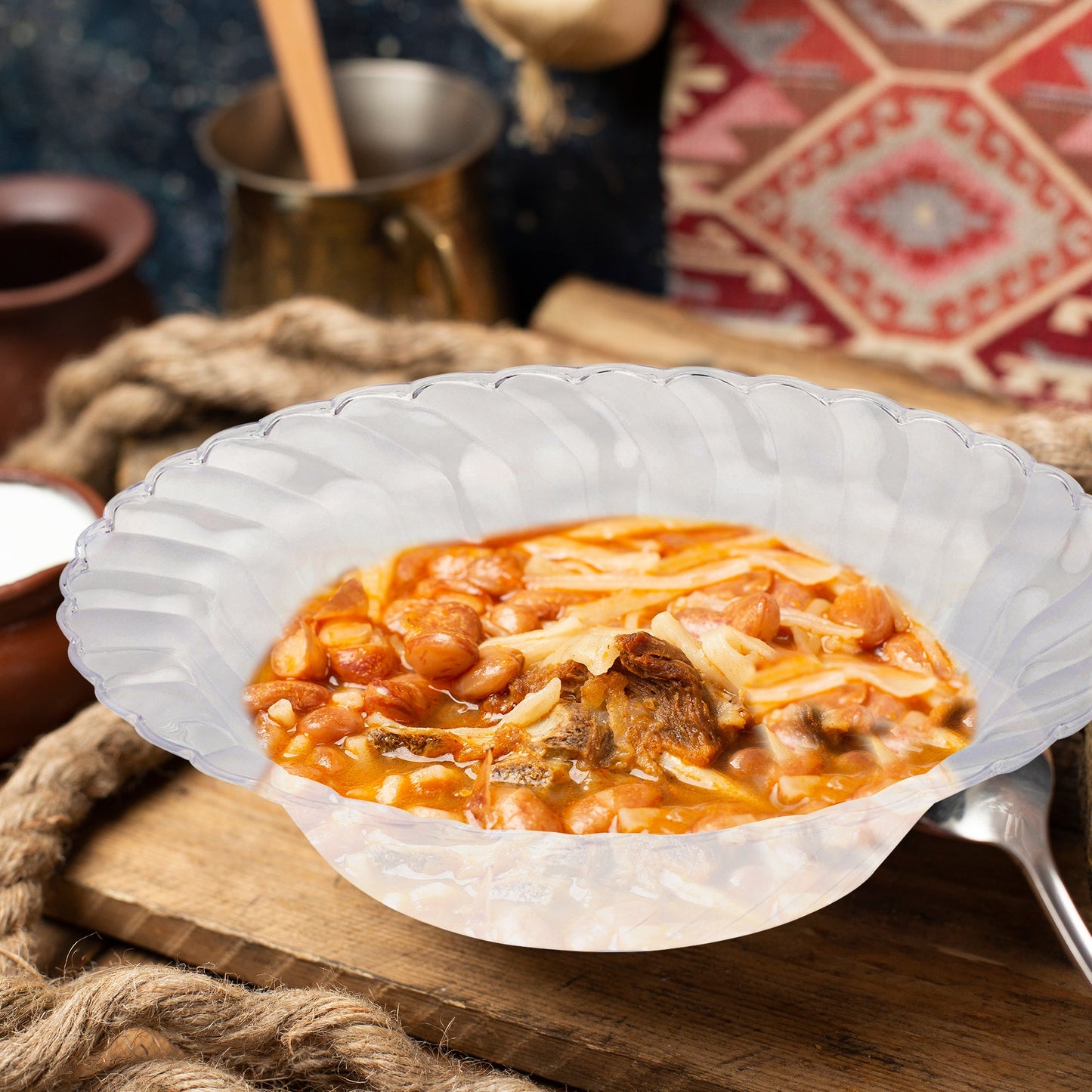 Clear Flair Plastic Soup Bowl showcasing red beans, meat, and shredded cheese in a durable plastic build
