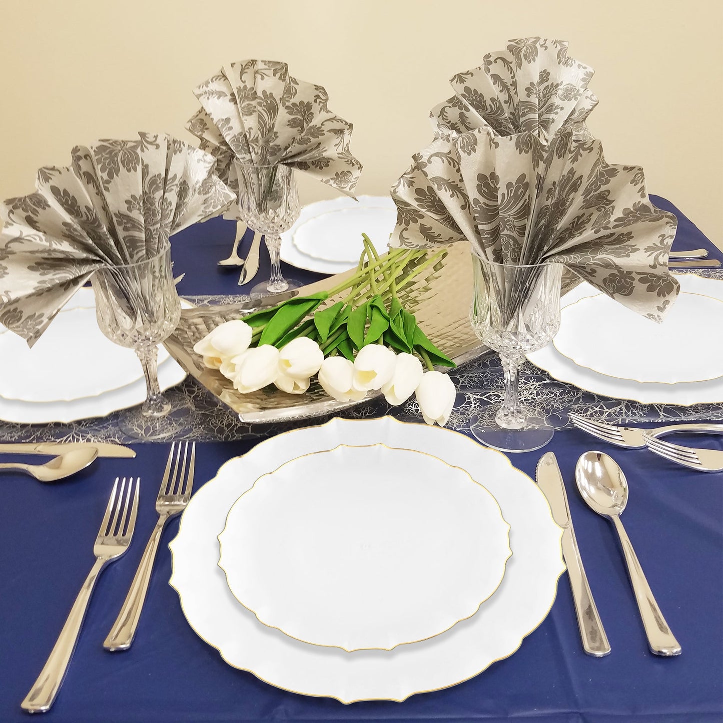 Clear Gold Rim Lotus Set provides just-right sizing and quantity to elegantly serve a large guest list with ease