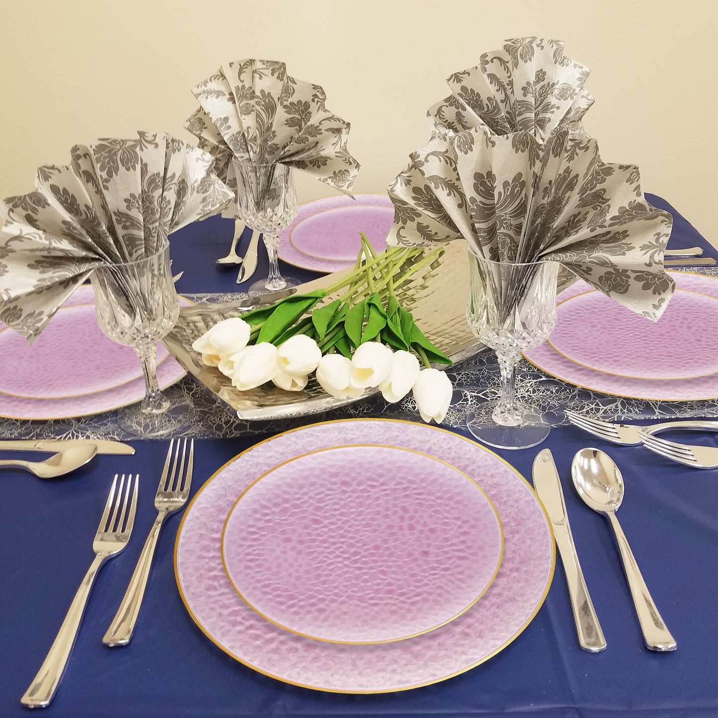 Clear Pink Dinner Plates with a Gold Rim were used for pasta and fish at a spring garden wedding.