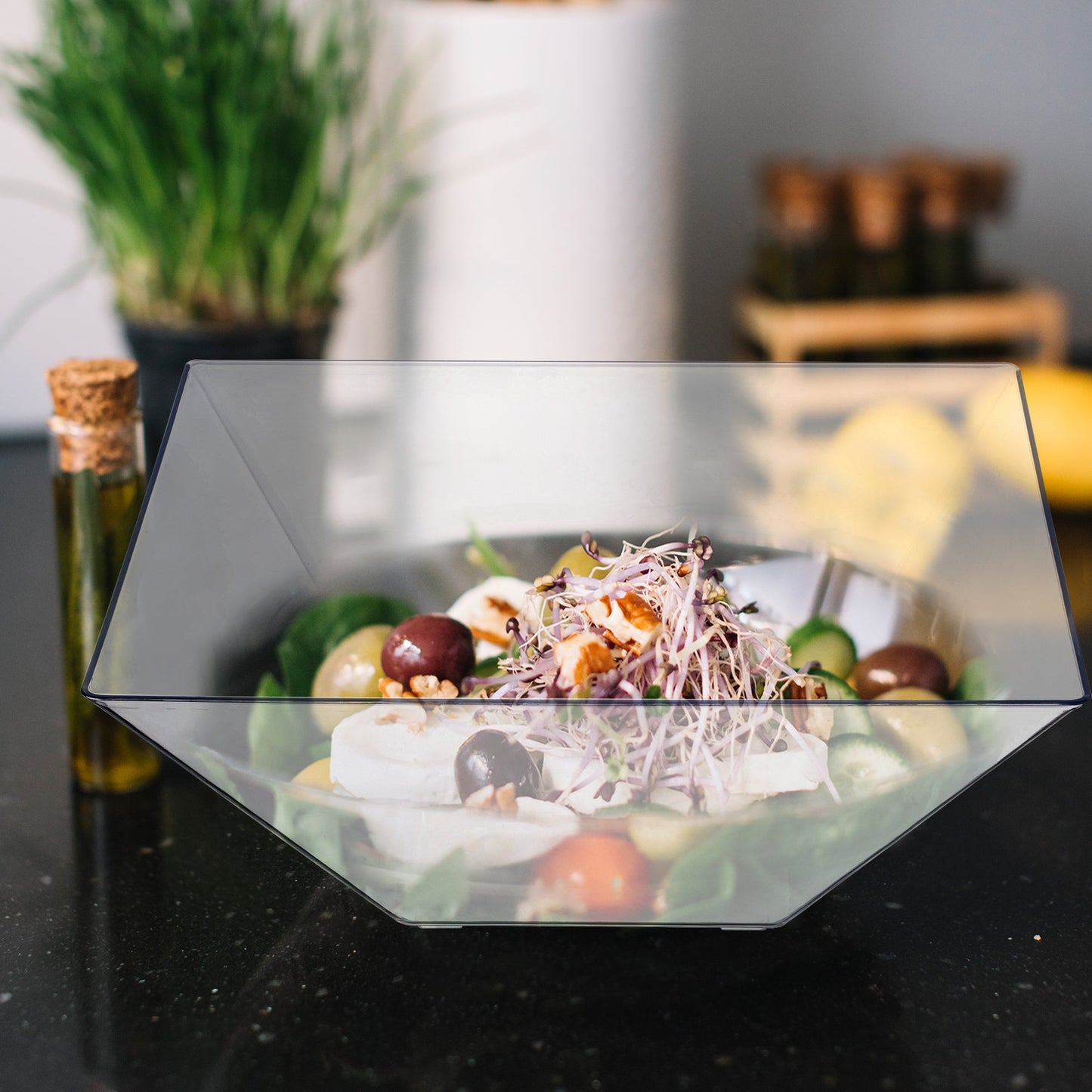 Clear Square Bowls held salads and fruit mixes at contemporary-style events.