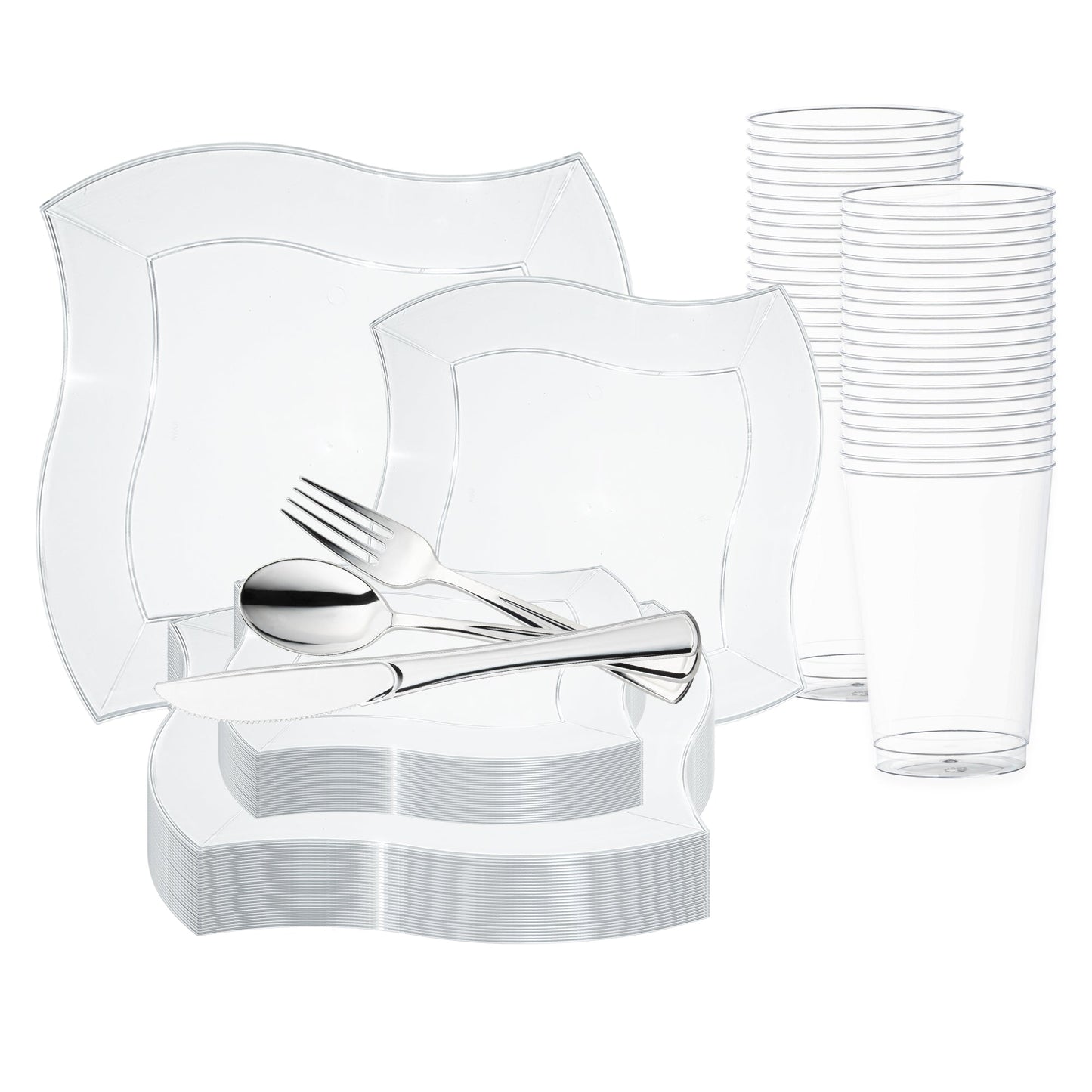 Clear Wave Plastic Wedding Value Set with silver cutlery brings sleek, modern elegance to weddings and special events
