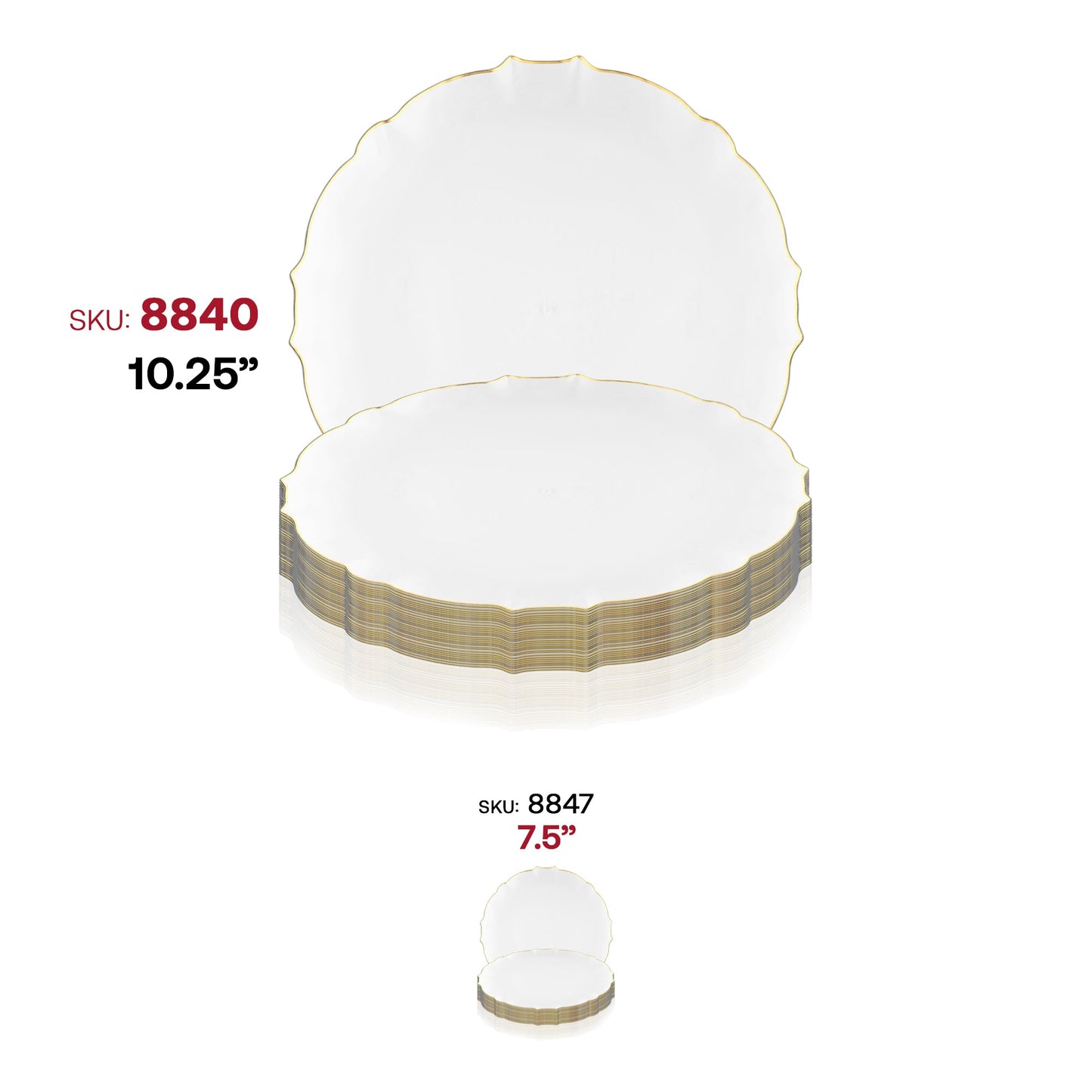 Clear and gold round lotus dinner plates, 10.25 inches in diameter, made of sturdy disposable plastic