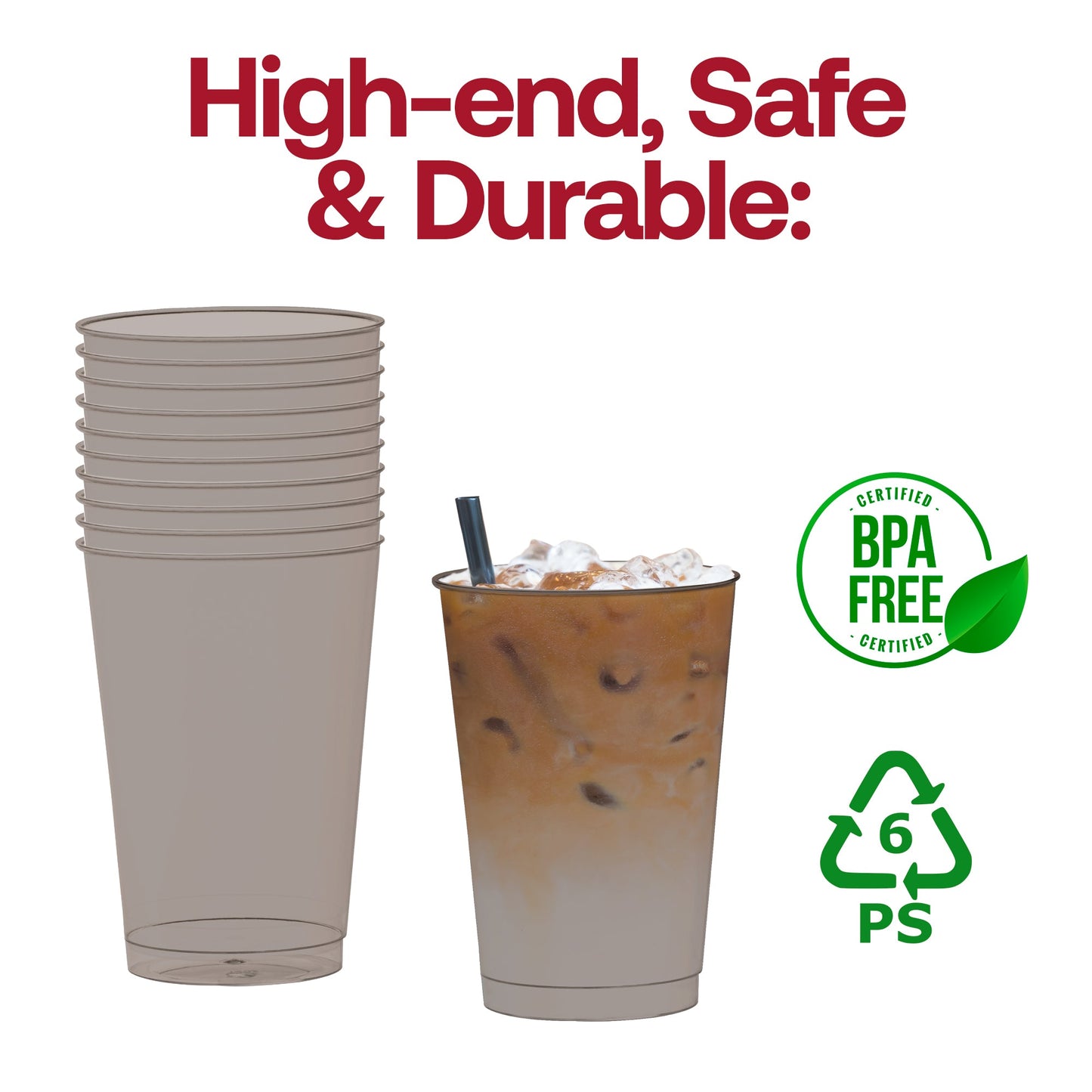 Clear black plastic cups offer a dramatic look for drinks at weddings or adult parties