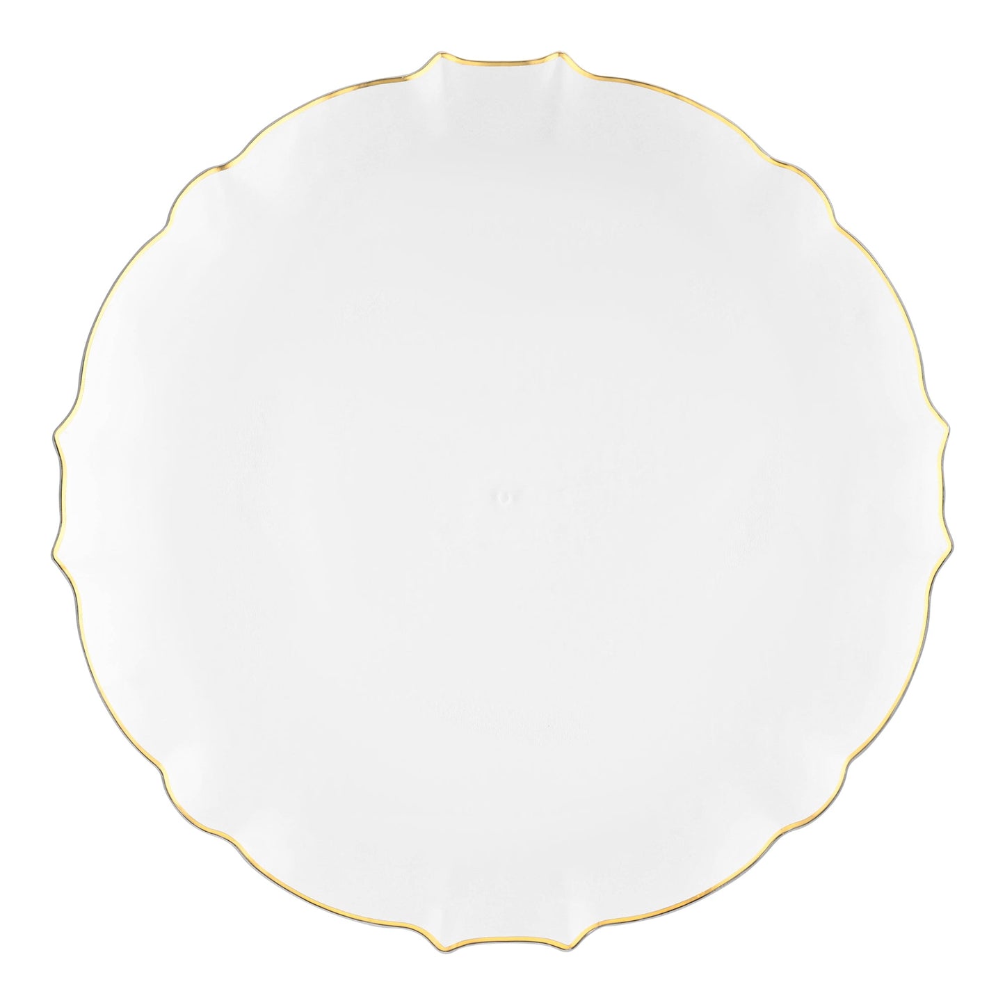 Clear disposable plastic appetizer plates featuring a gold lotus-style rim