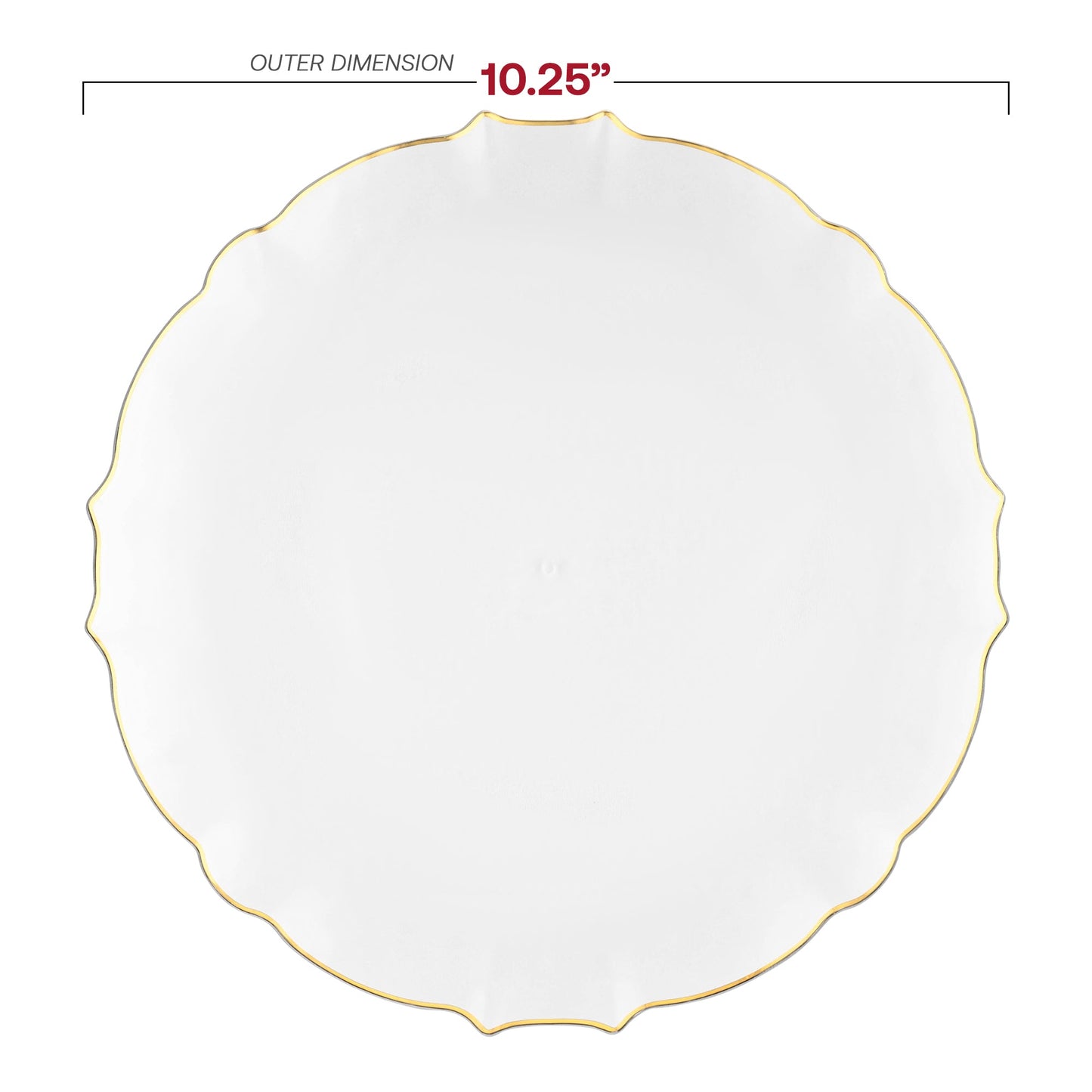 Clear disposable plastic dinner plates featuring a gold lotus-style rim, 10.25 inches in diameter