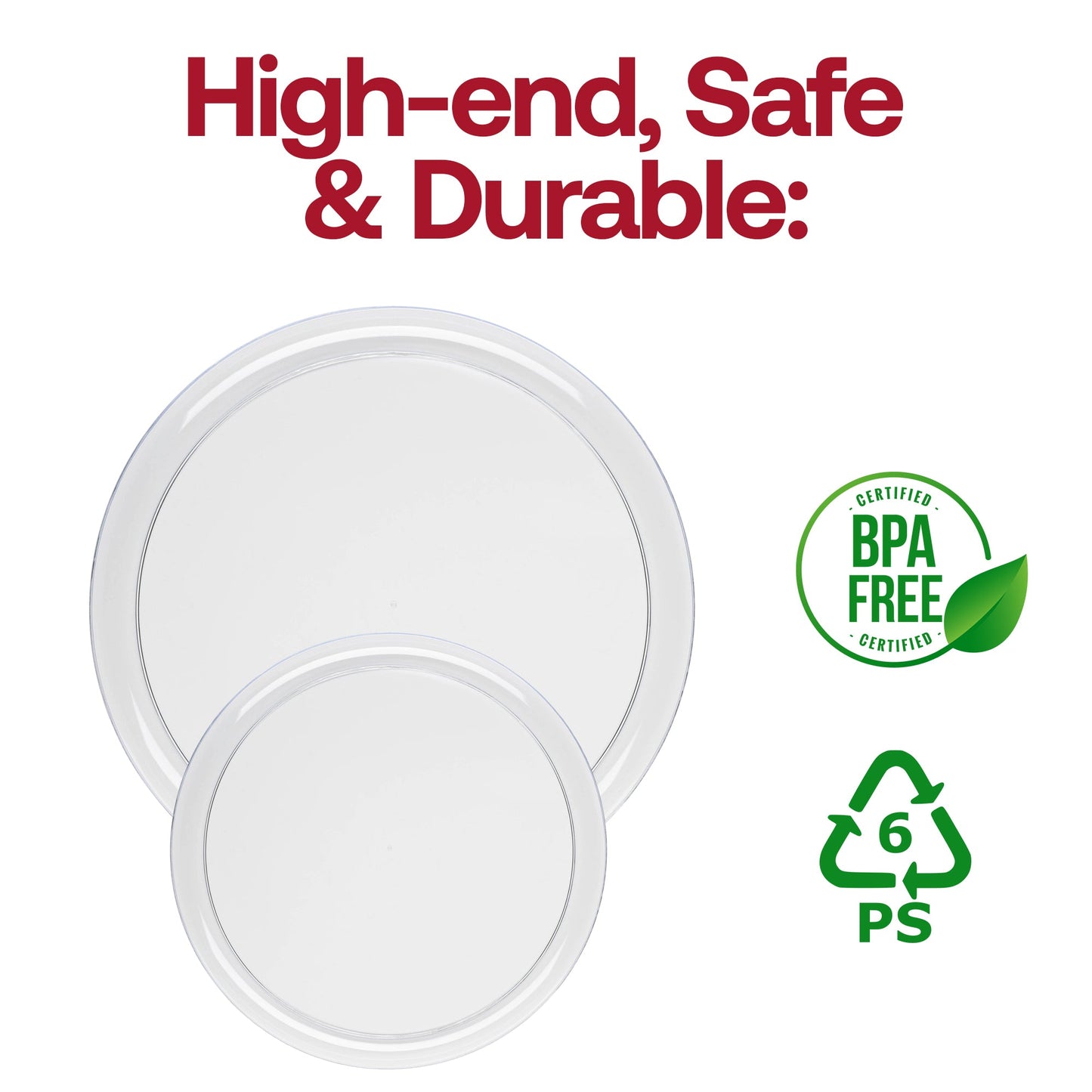Clear flat round disposable plastic plates, 10-inch diameter, durable and lightweight, BPA-free