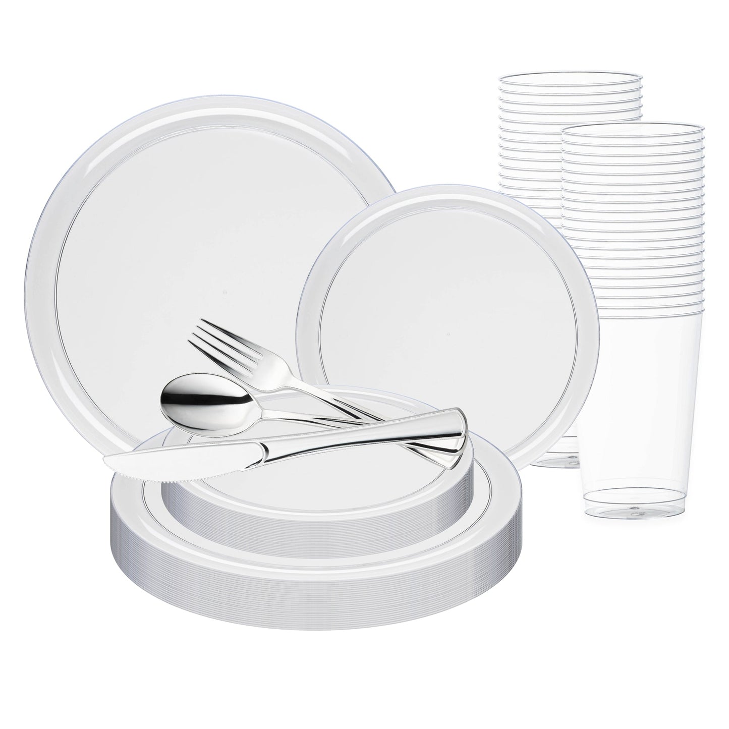 Clear flat round disposable plastic wedding value set including plates and cups, perfect for events and gatherings.
