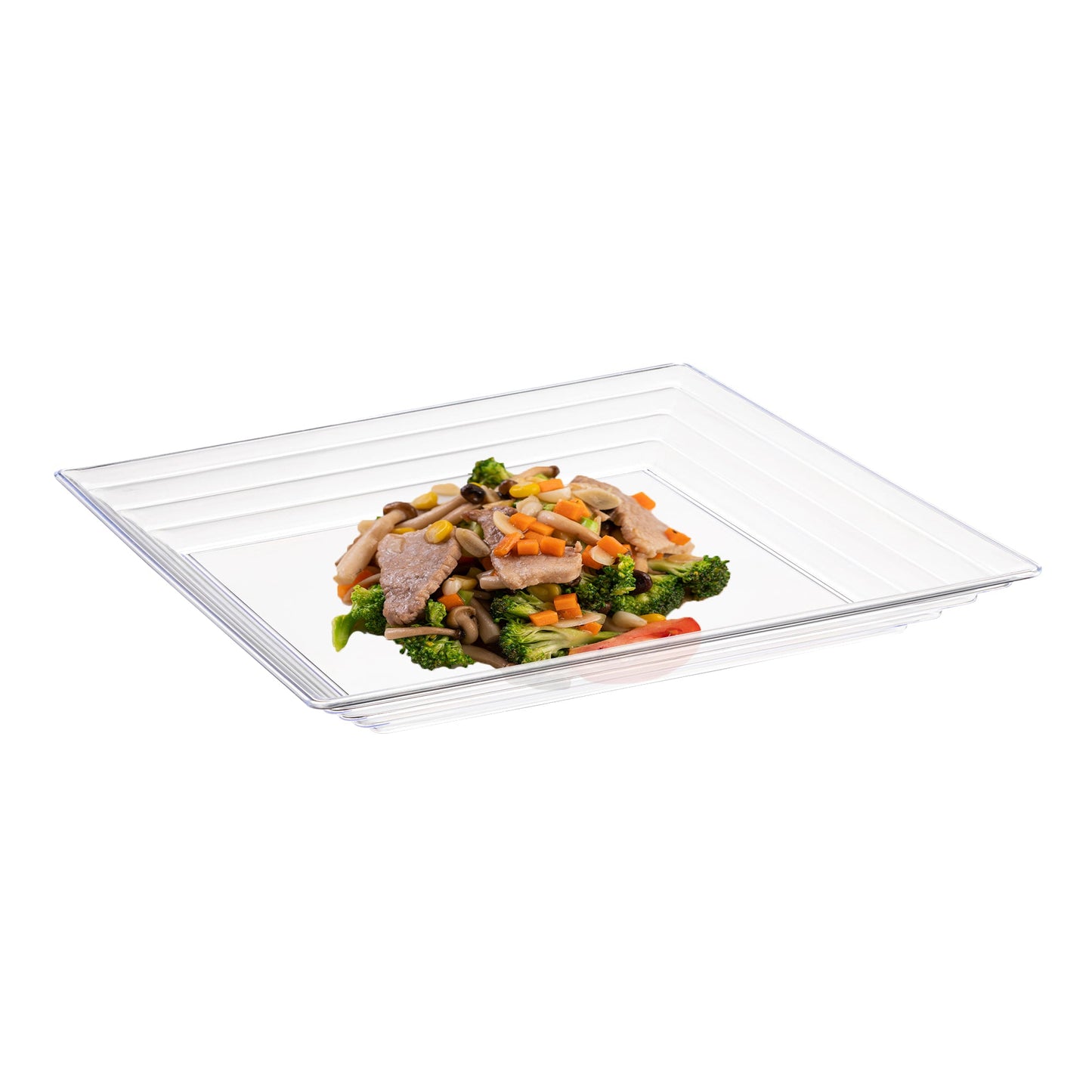 Clear grooved-rim square tray filled with colorful food, perfect for dessert displays at events