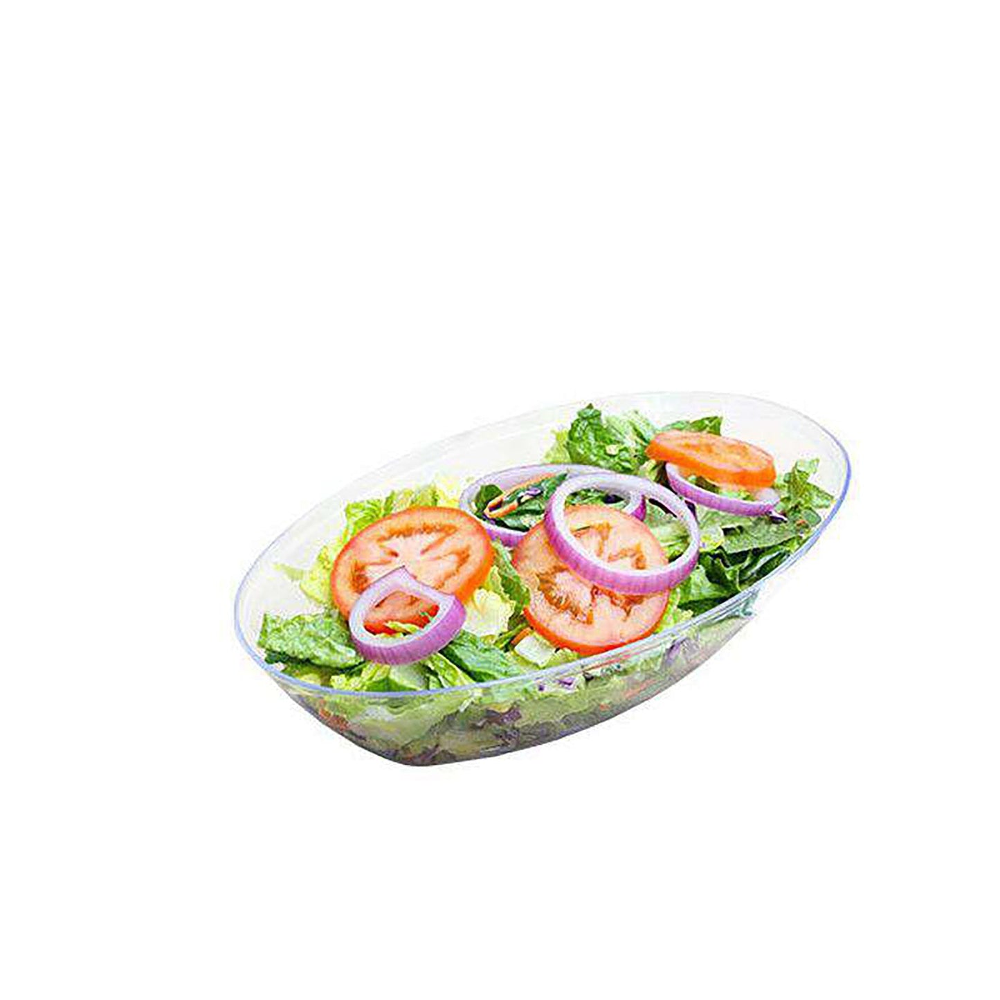 Clear oval bowl filled with a fresh garden salad, ideal for buffet tables and casual gatherings