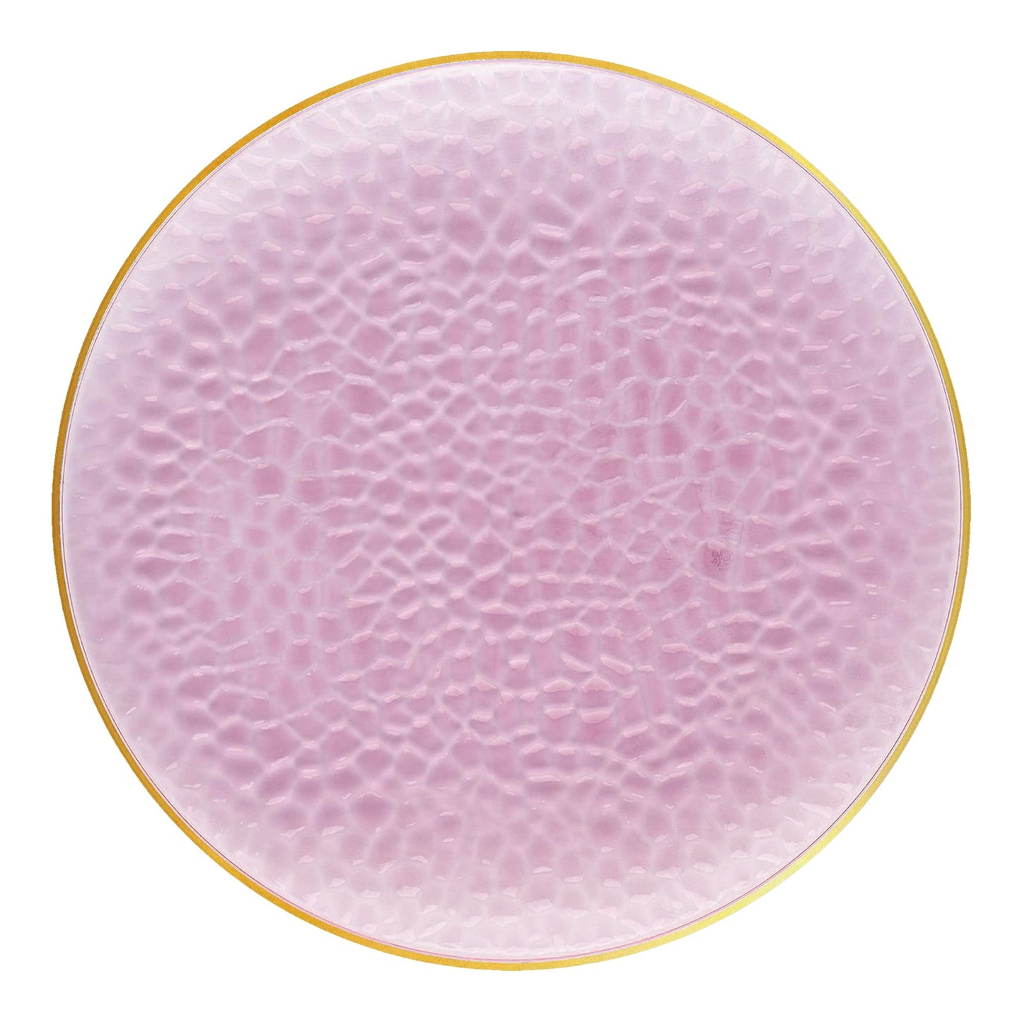 Clear pink round plastic dinner plates with a decorative gold hammered rim
