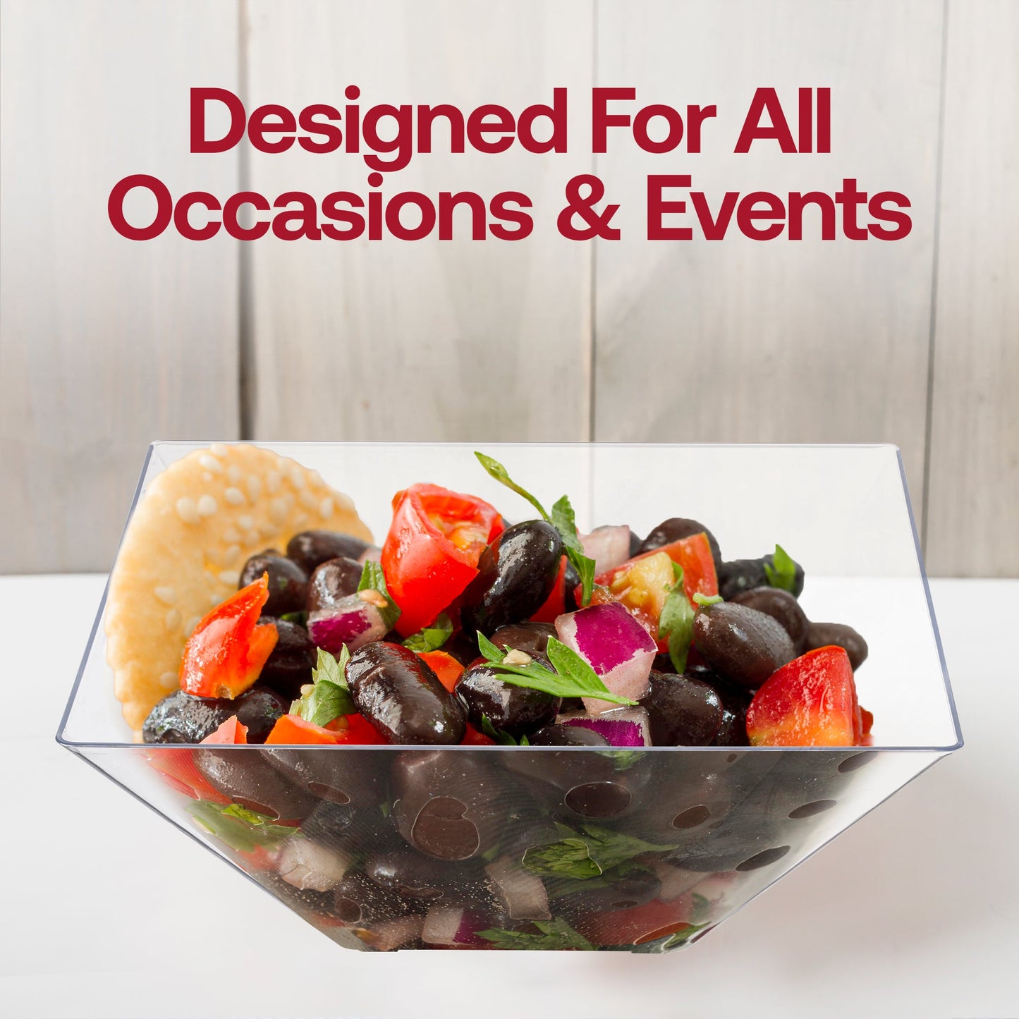 Clear plastic bowl used at a casual buffet, holding pasta salad, perfect for family meals and informal events