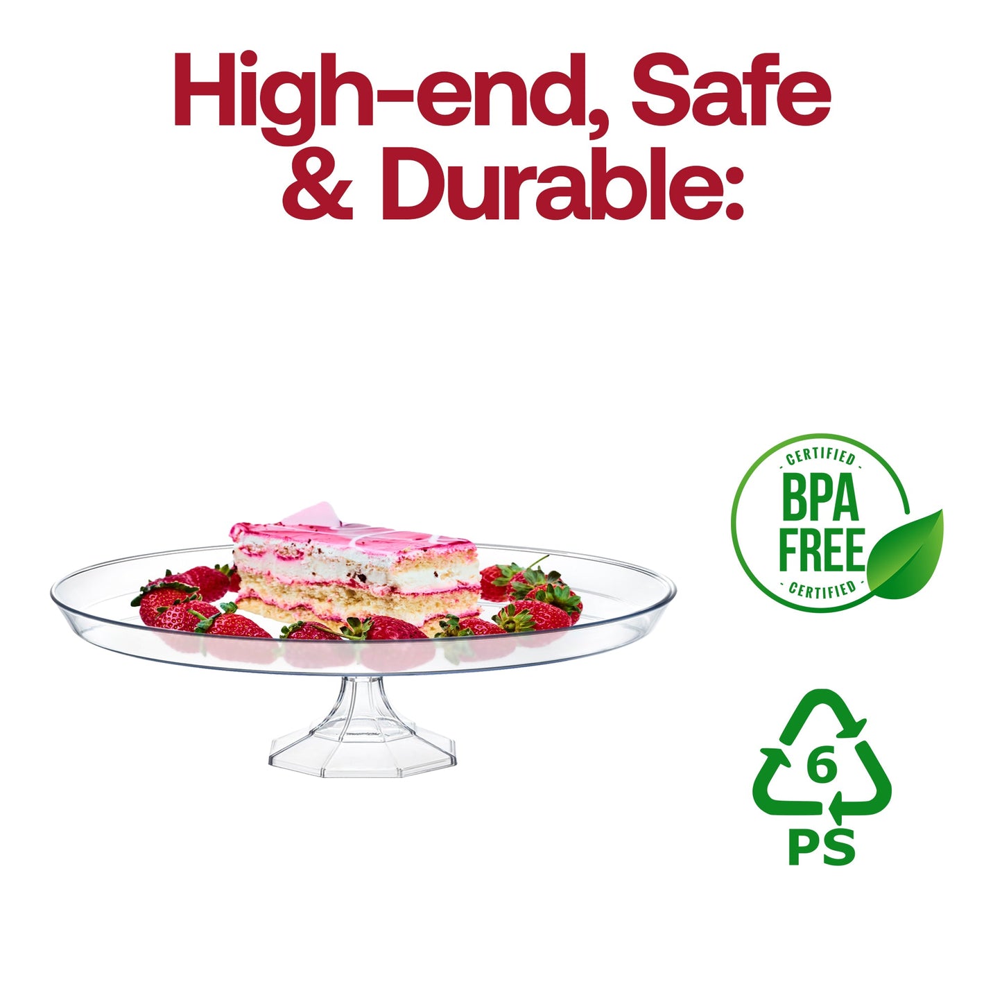 Clear plastic cake stand with a strawberry-topped cake featured at a formal celebration, perfect for all occasions