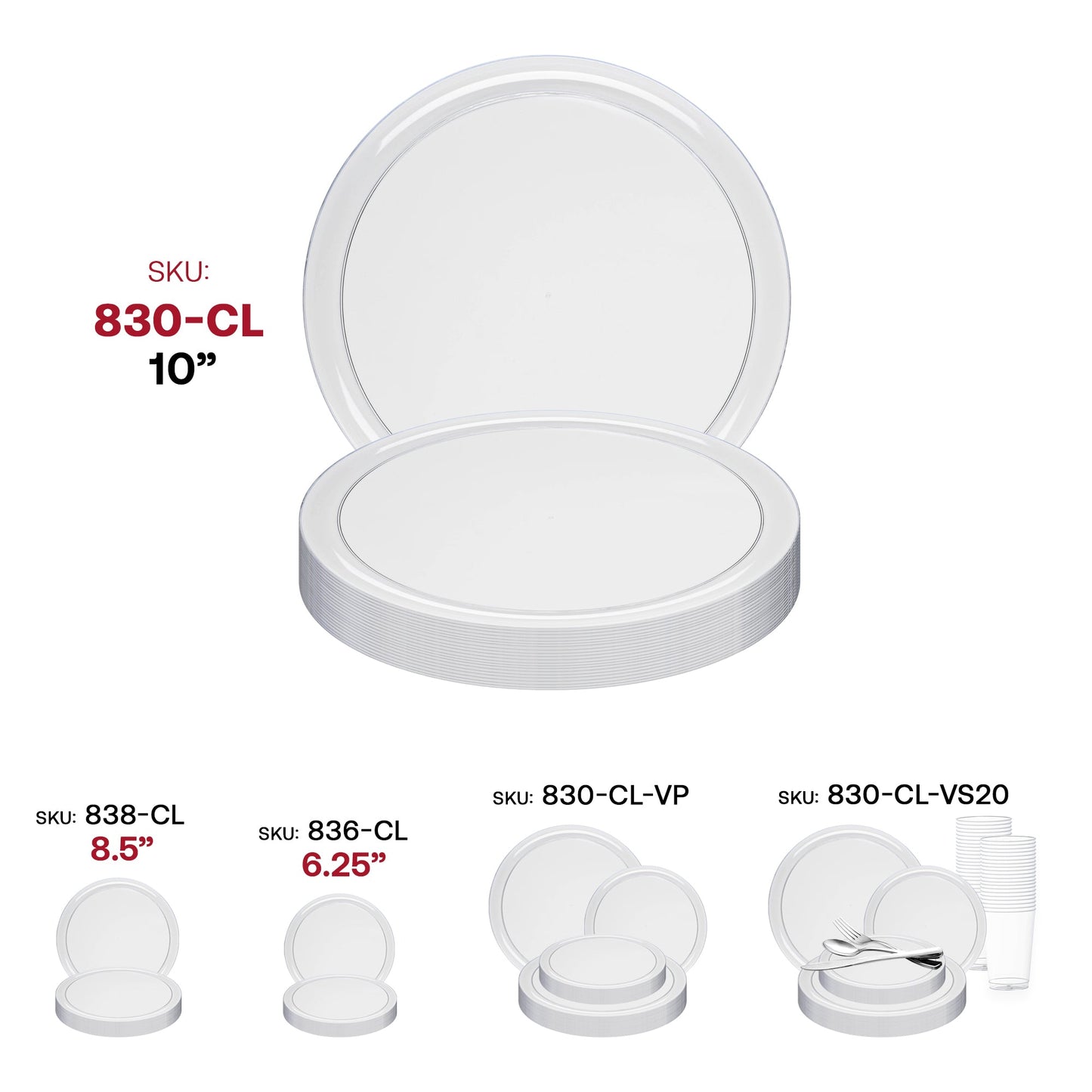 Clear plastic disposable plates with a simple flat round design, 10-inch diameter, 120-count set for events
