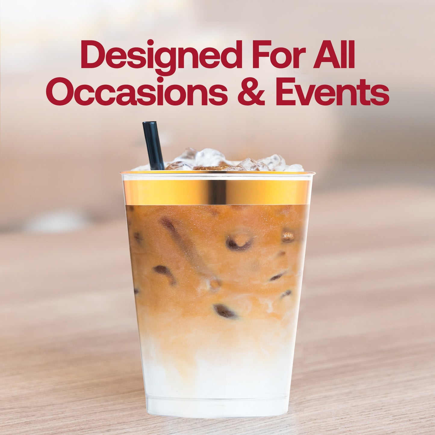 Clear plastic disposable tumblers with a sleek metallic gold rim, 10 oz size, round shape, ideal for stylish celebrations