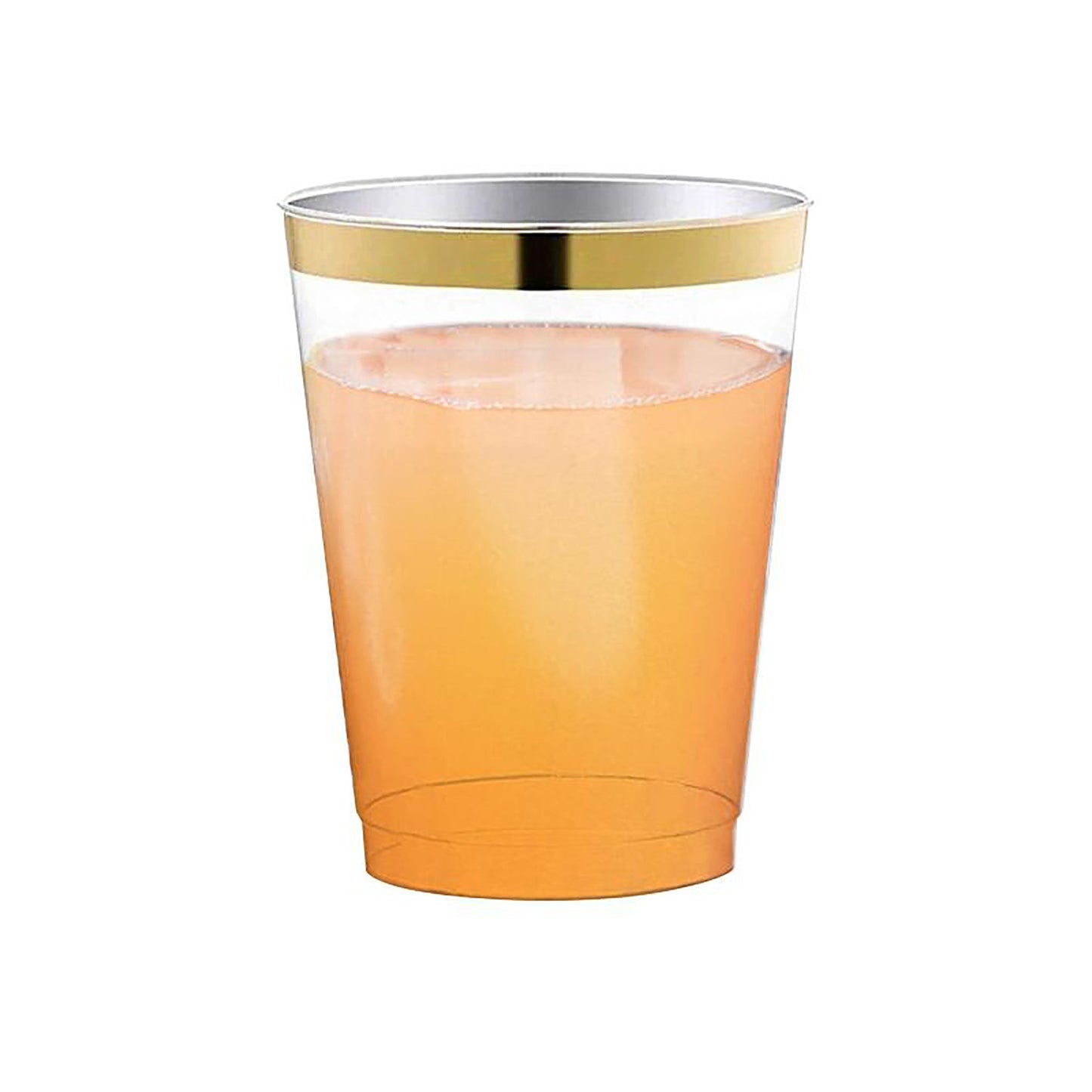 Clear plastic disposable tumblers with a sleek metallic gold rim, 12 oz size, round shape
