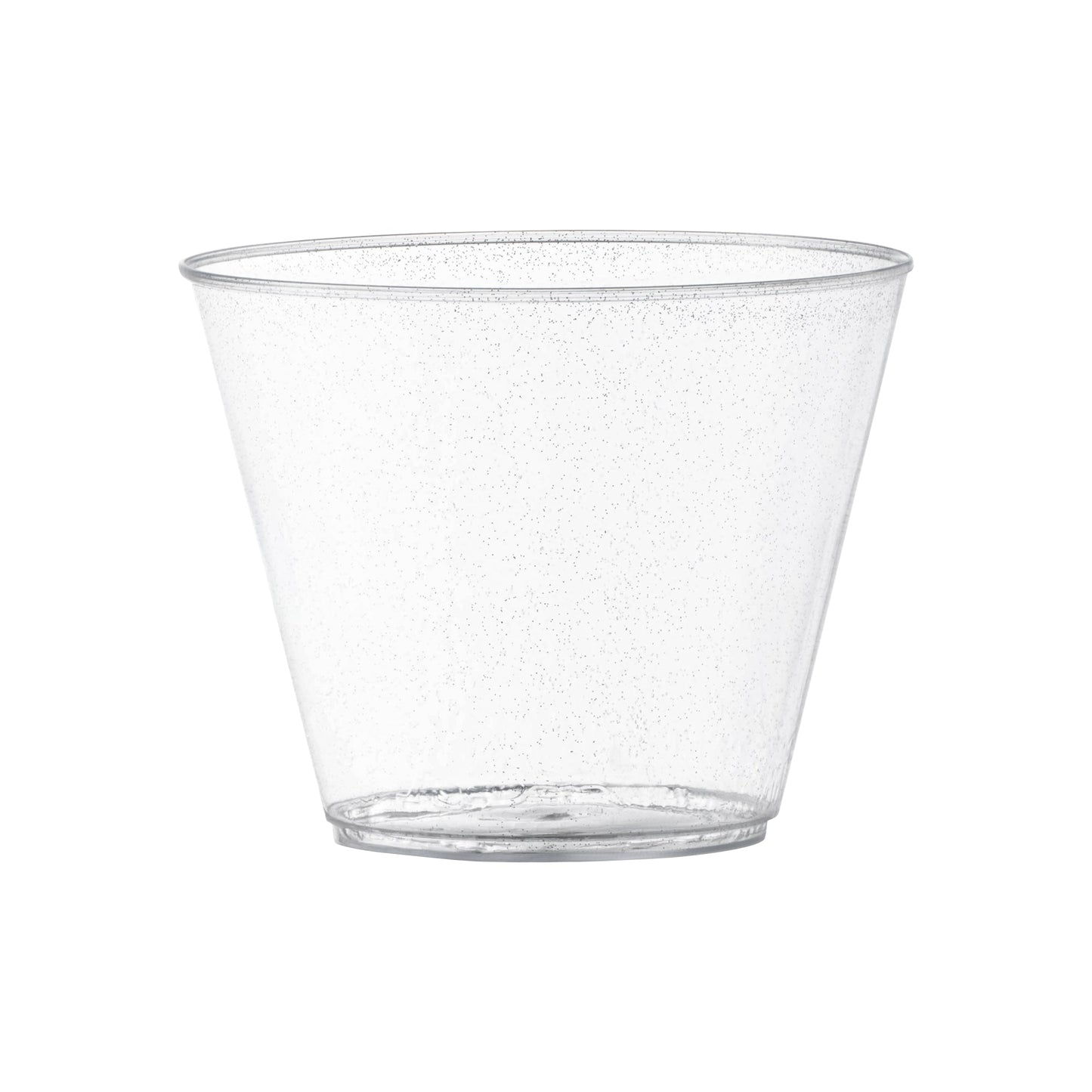 Clear plastic party cups with silver glitter, 9 oz capacity, round shape, disposable
