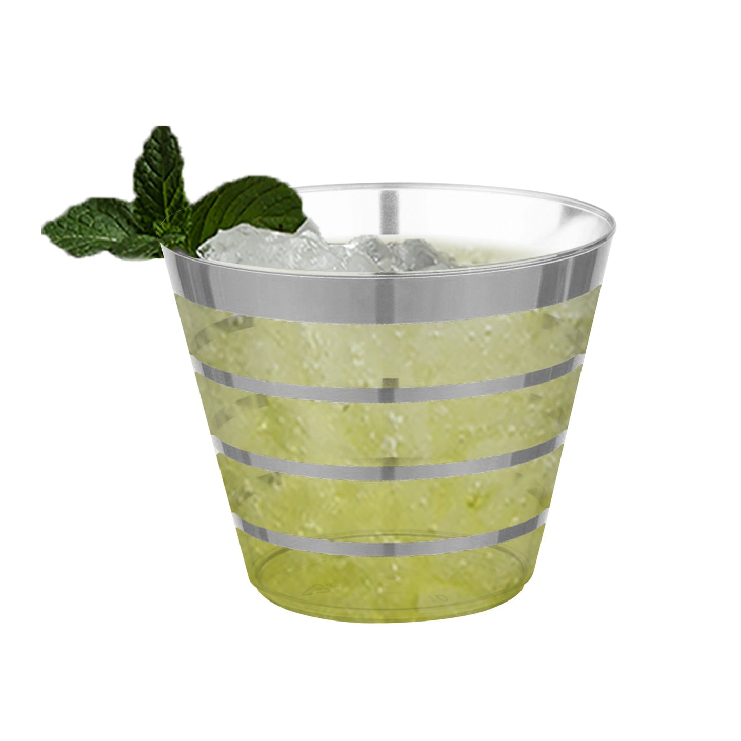 Clear plastic party cups with silver stripes, 9 oz capacity, round and disposable, bulk 240-pack