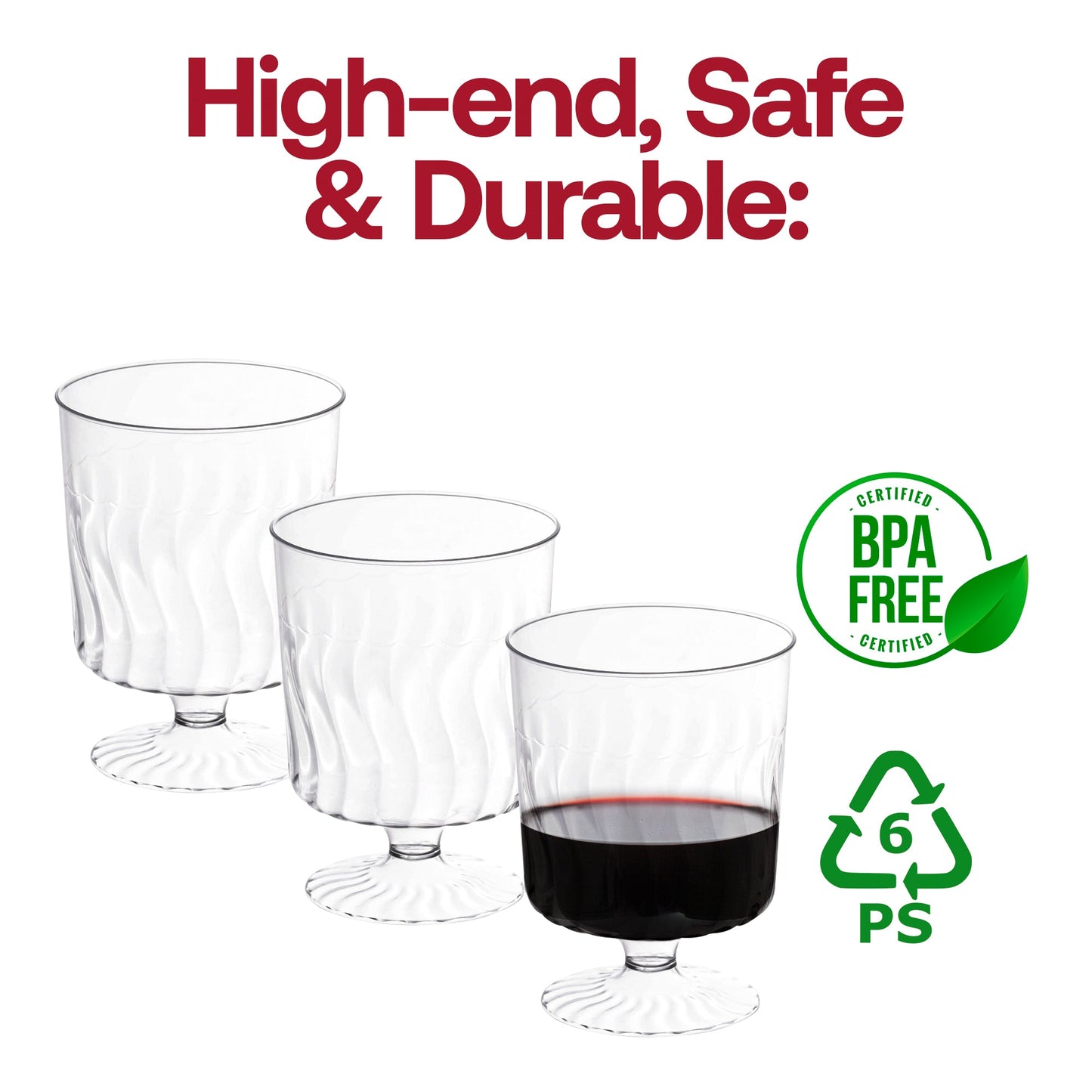 Clear plastic pedestal wine glasses, BPA-free and food-safe, 8 oz. capacity, perfect for serving wine, cocktails, and beverages at events