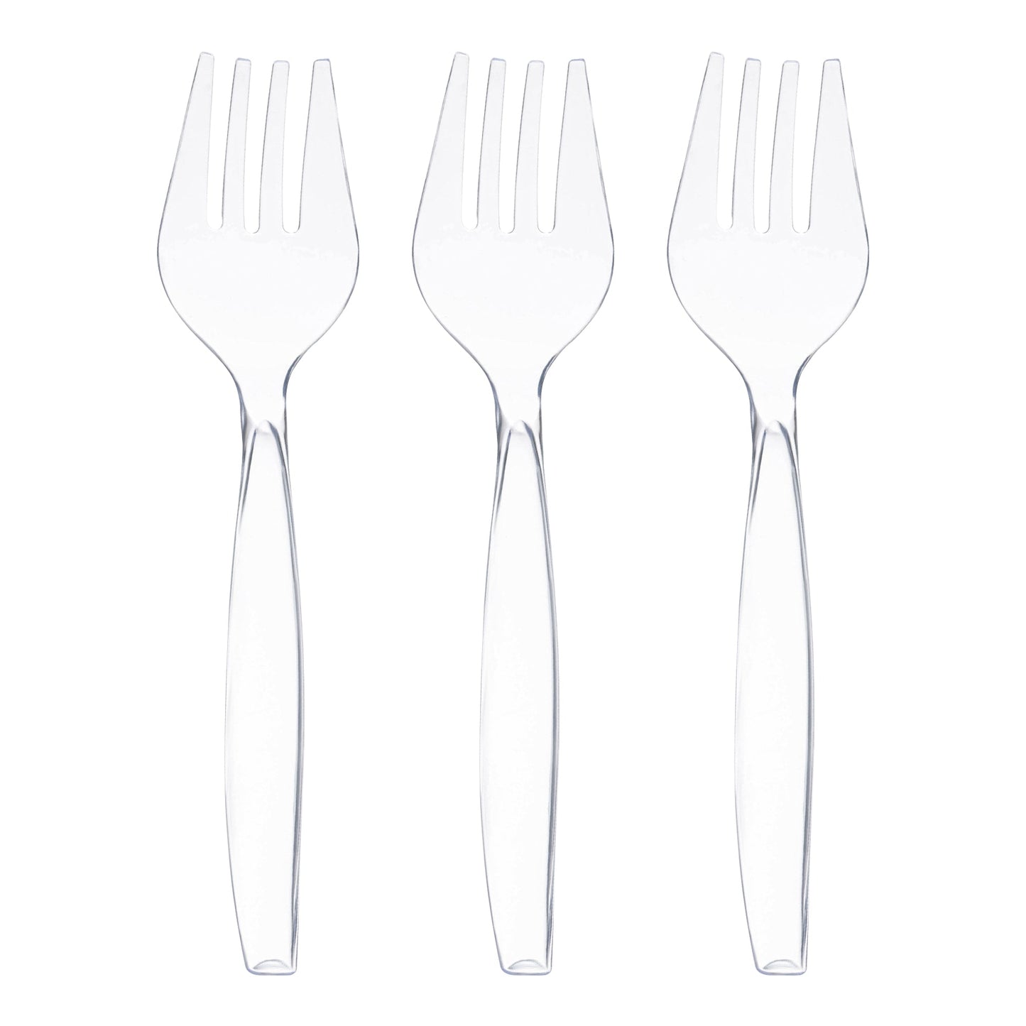Clear plastic serving fork, 9.75 inches, durable and disposable, perfect for buffets and parties, case of 150.