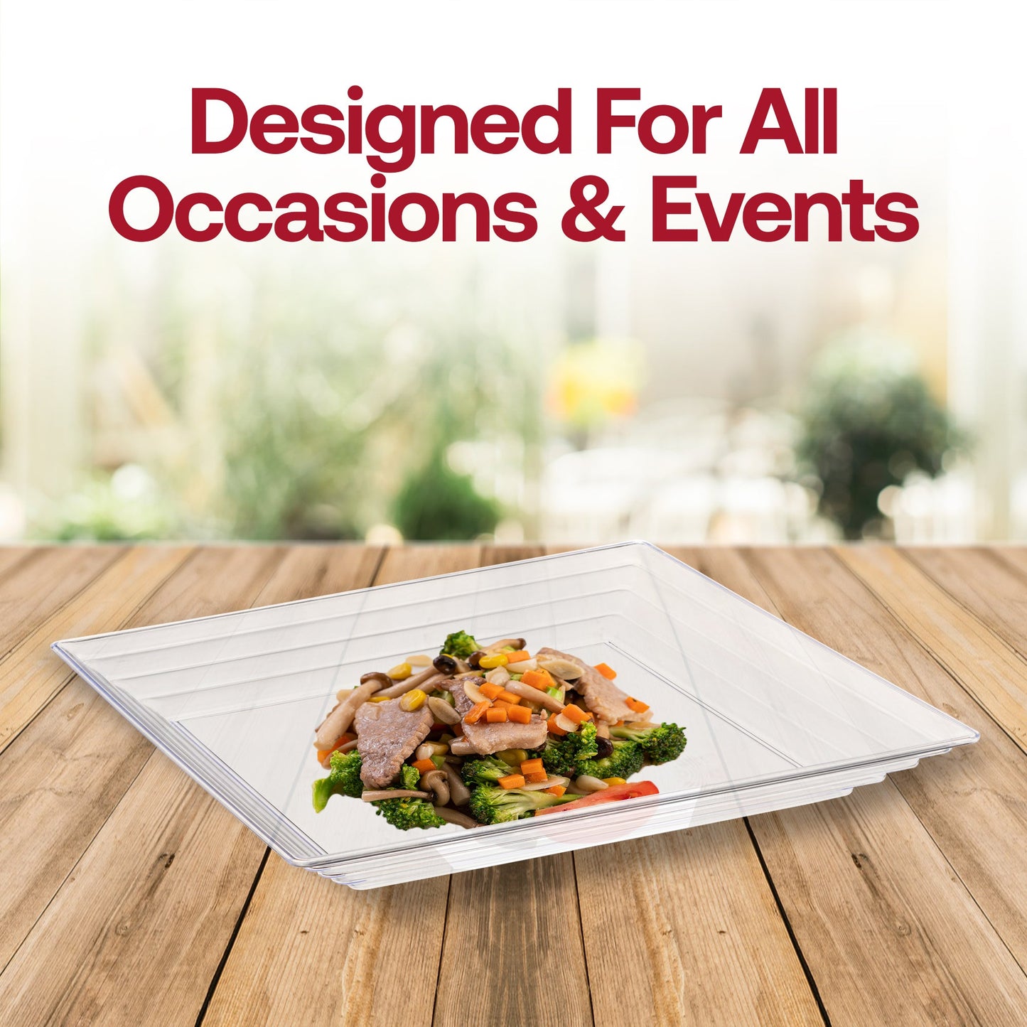Clear plastic serving tray in use at an elegant gathering, displaying assorted finger foods stylishly