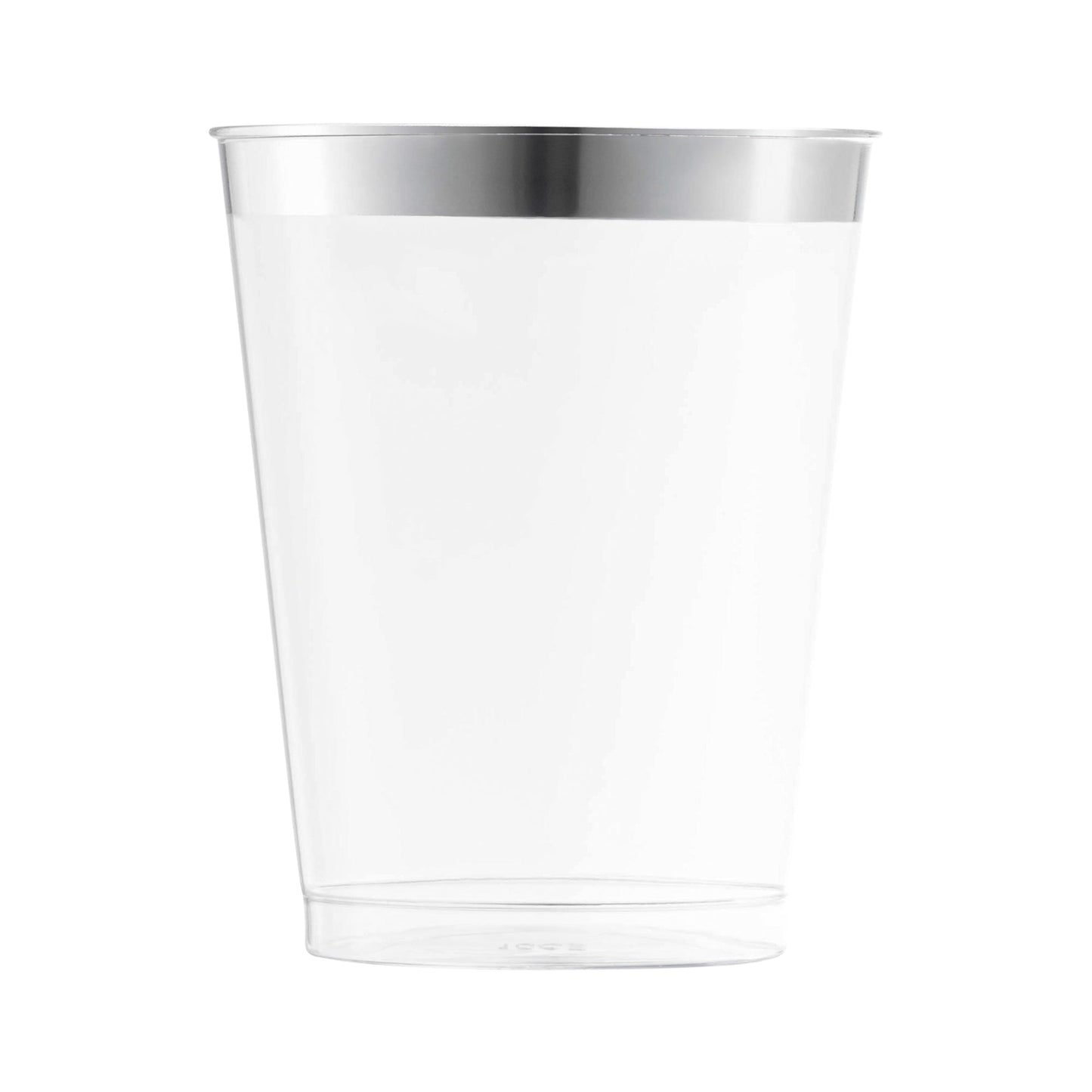 Clear plastic tumblers with an elegant metallic silver rim, 10 oz capacity, round shape, and disposable convenience