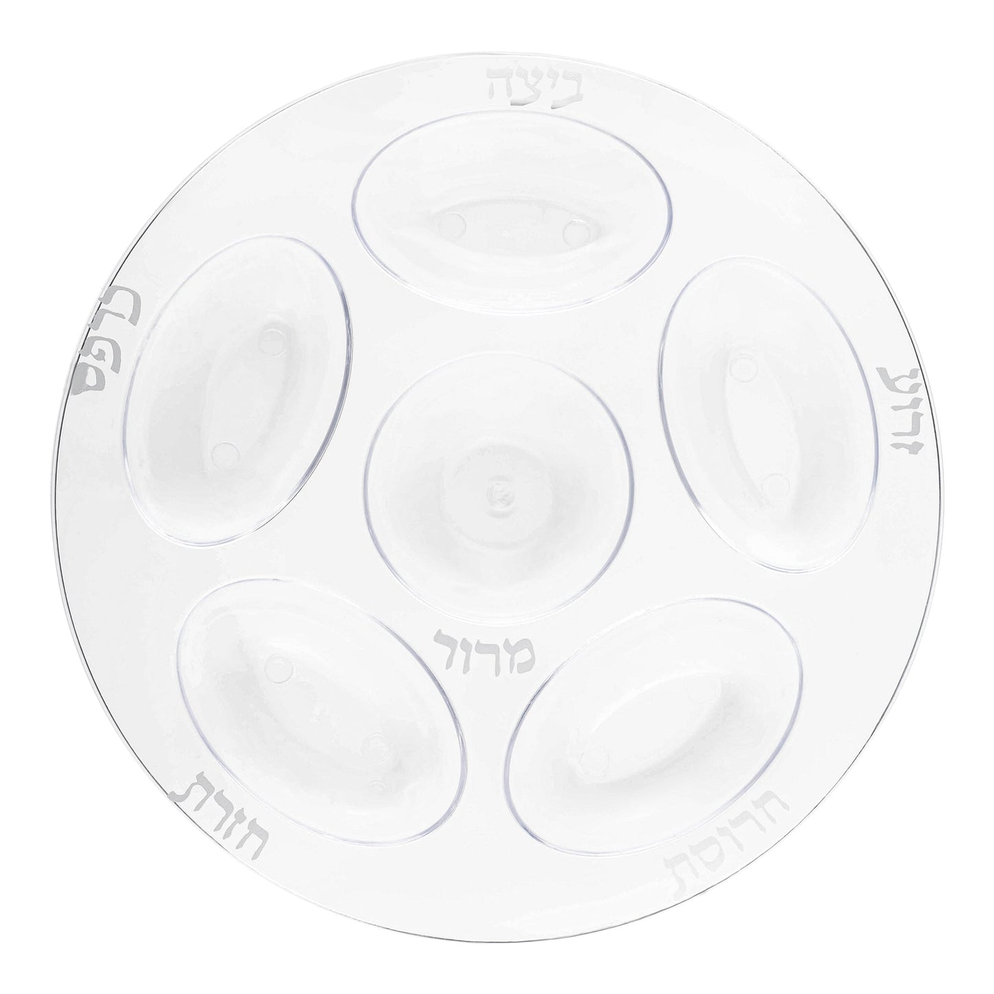 Clear round disposable plastic Seder plates with silver section dividers, 12-inch diameter, sold in a pack of 24