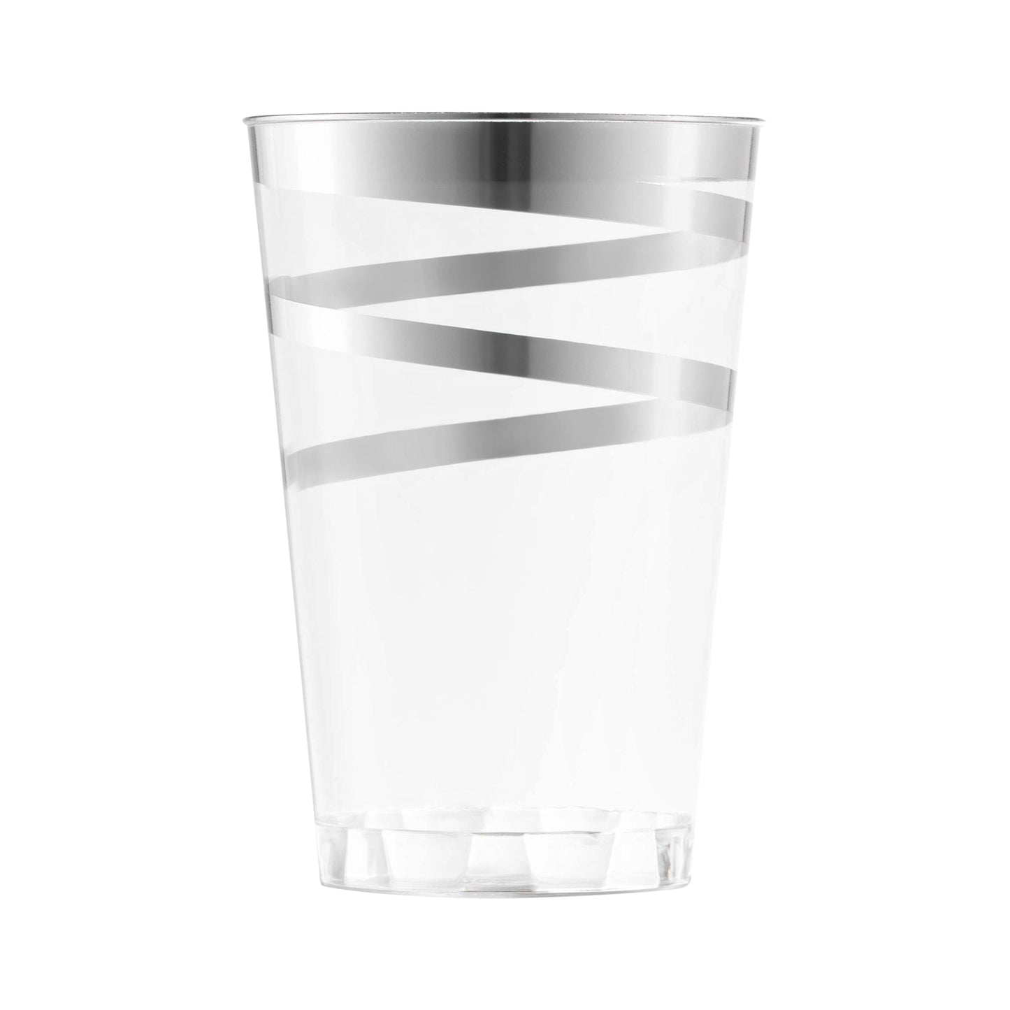 Clear round disposable plastic tumbler with an elegant silver swirl design, 12 oz capacity