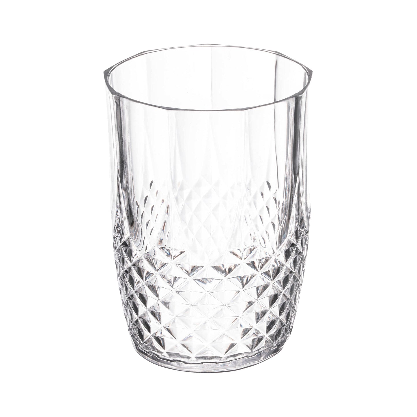 Clear round disposable plastic tumblers with a striped design, 16-ounce size