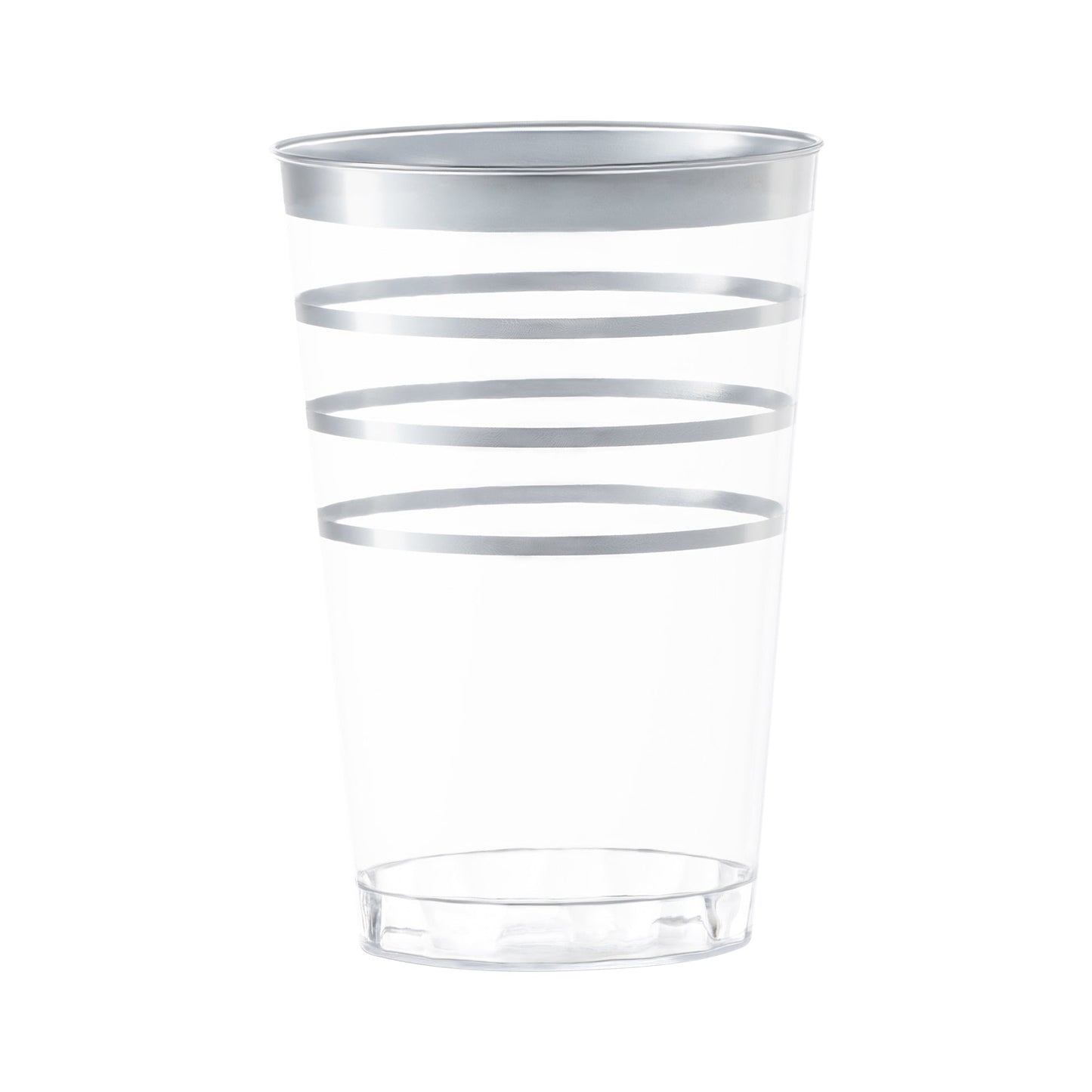 Clear round disposable plastic tumblers with silver stripes, 12 oz capacity
